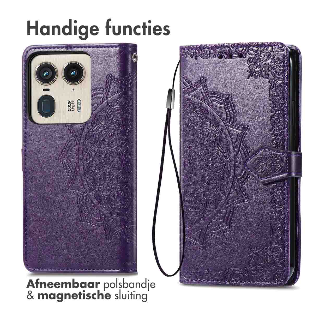 Paarse telefoonhoes met mandala-ontwerp, magnetische sluiting en afneembare polsband.