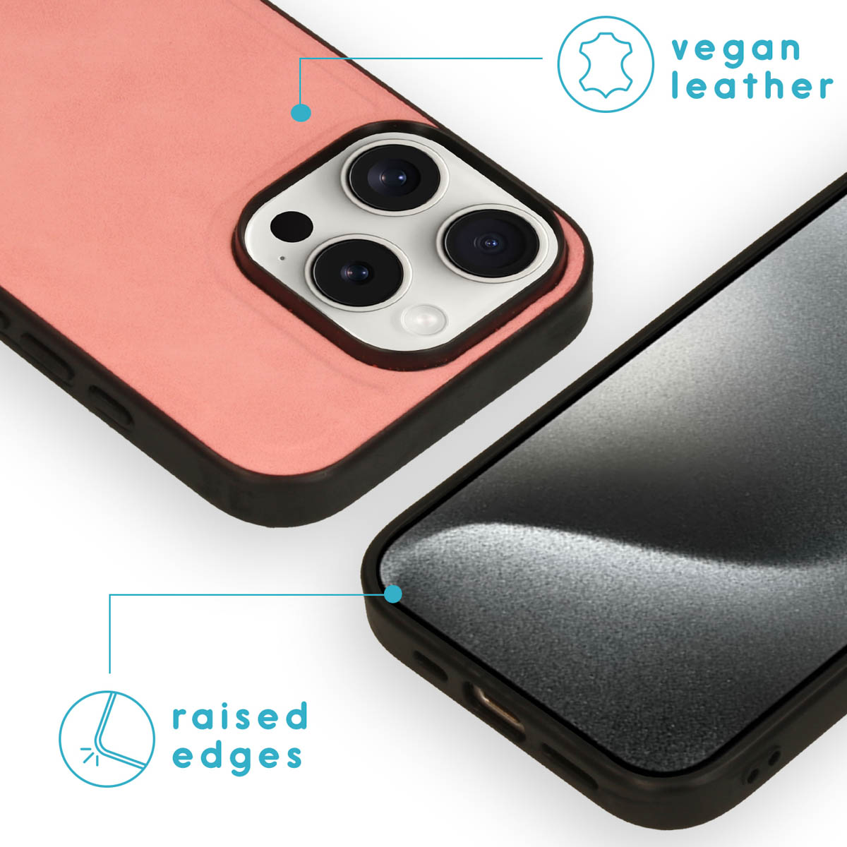 Gros plan sur un étui de téléphone et un téléphone avec des bords surélevés. Il est en cuir végétalien rose avec des bords noirs.