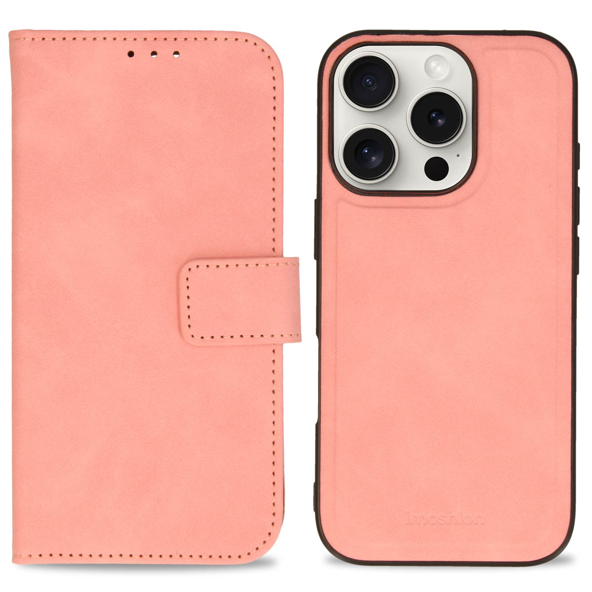 Un étui de téléphone rose, fermé, avec un téléphone sur le côté droit.