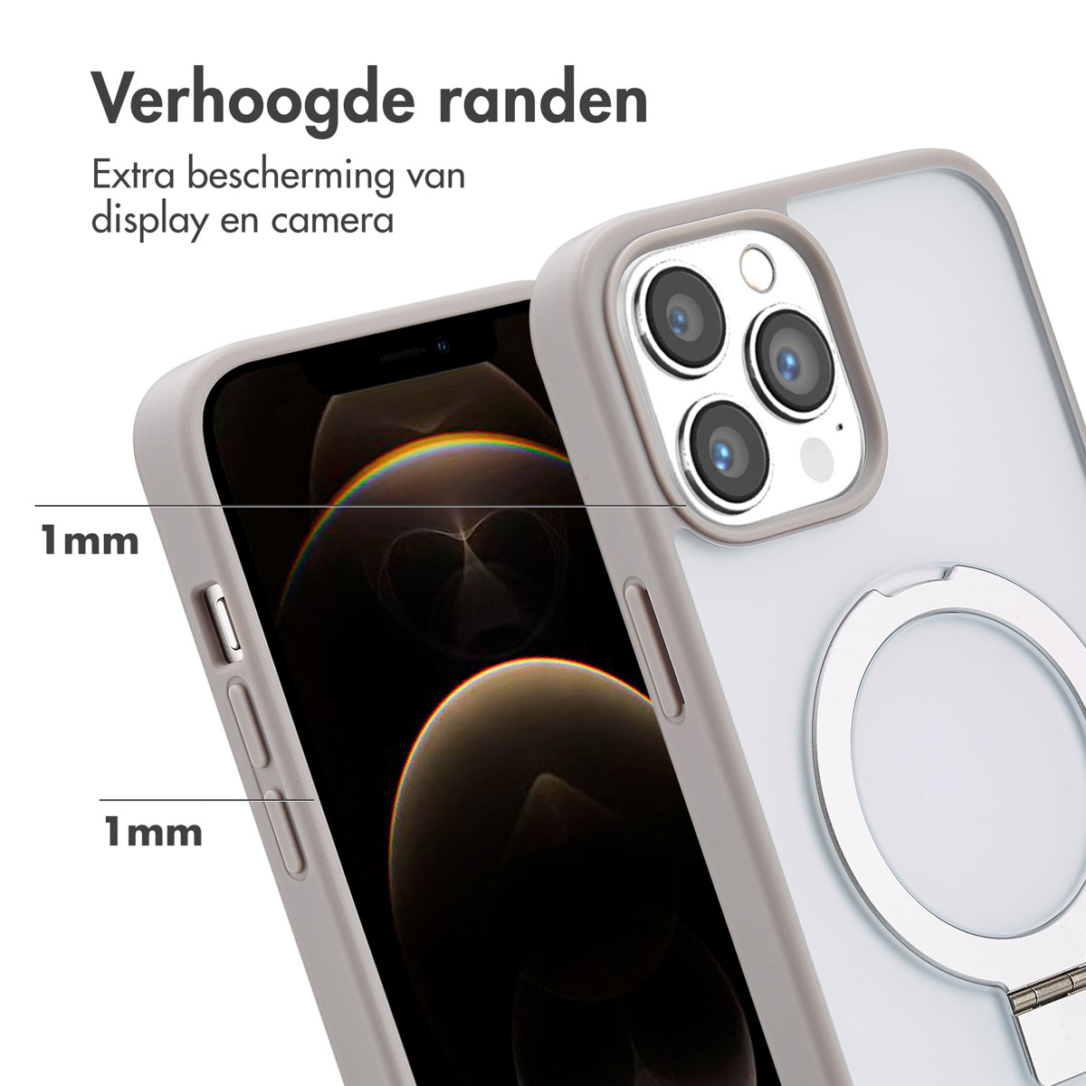 Gros plan d'une coque de téléphone avec un anneau magnétique, indiquant des bords surélevés pour la protection.