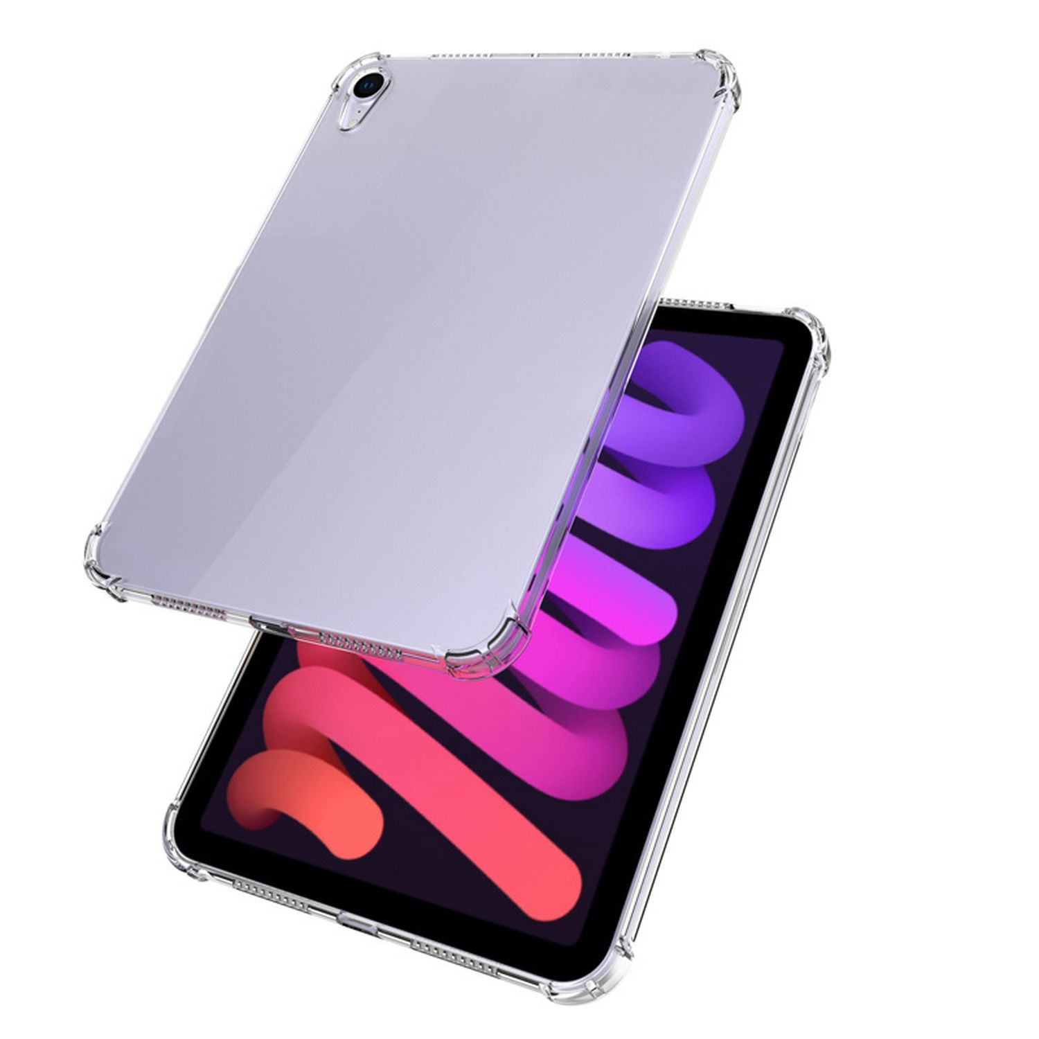 Zwei Tablets mit transparenter Hülle, die einen rosa und violetten Bildschirm zeigen.