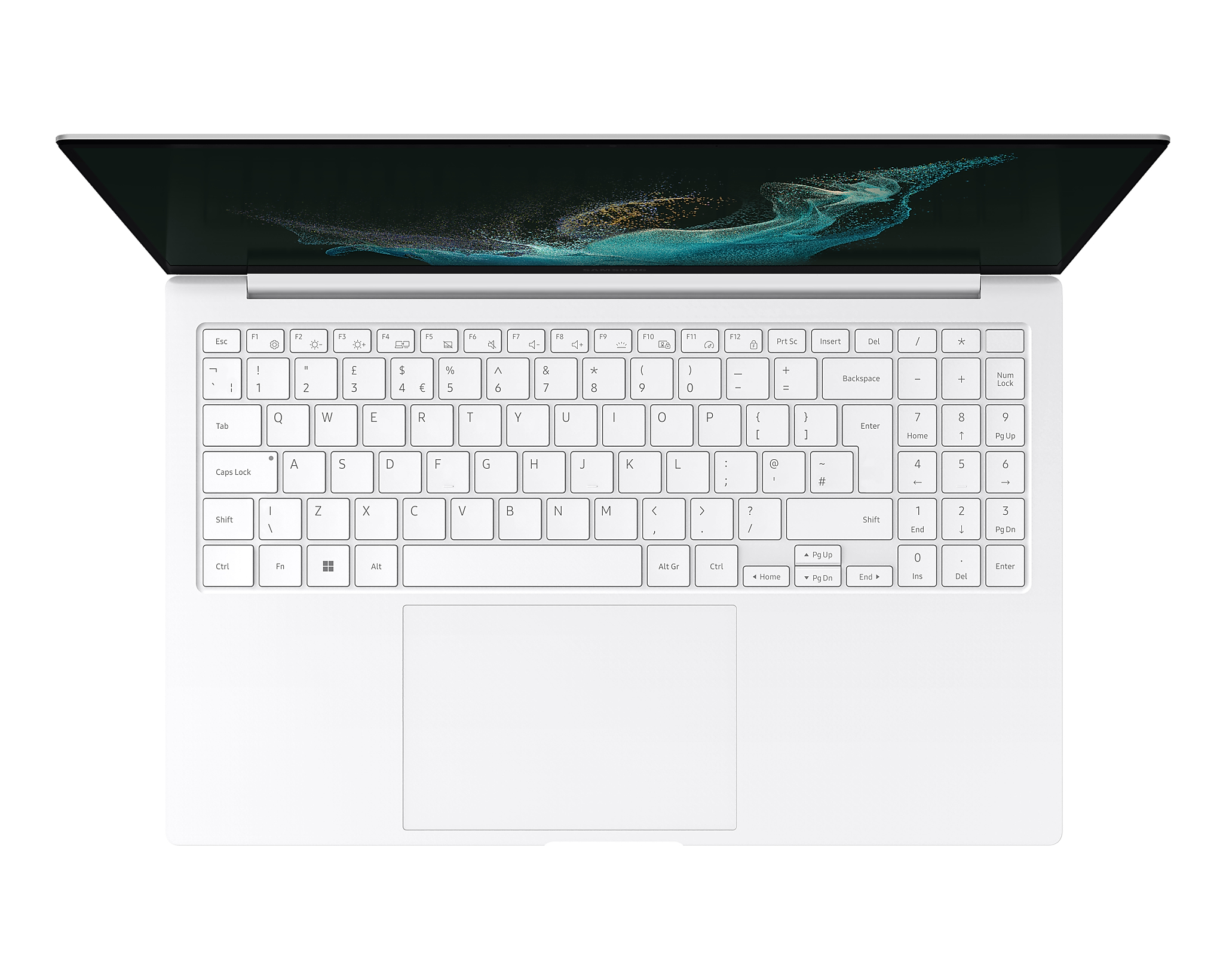 Laptop bianco, aperto, vista dall'alto, tastiera e schermo visibili, sfondo bianco.