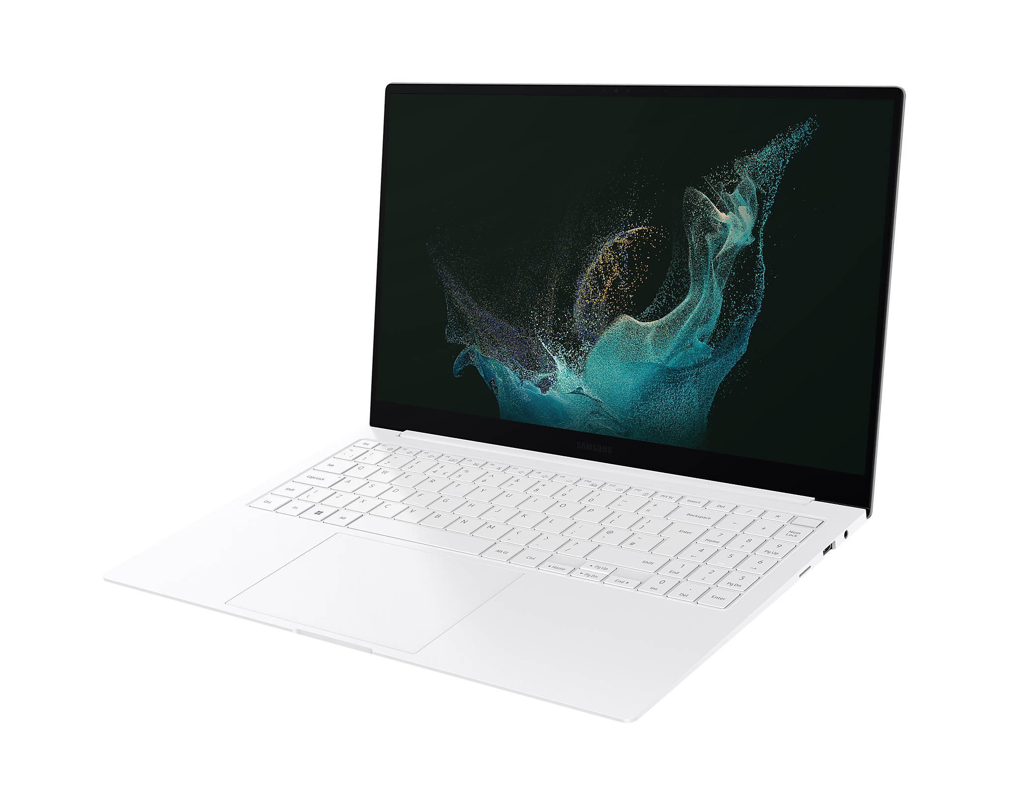 Laptop bianco con tastiera bianca, aperto su una superficie bianca. Lo schermo mostra un'immagine scura.