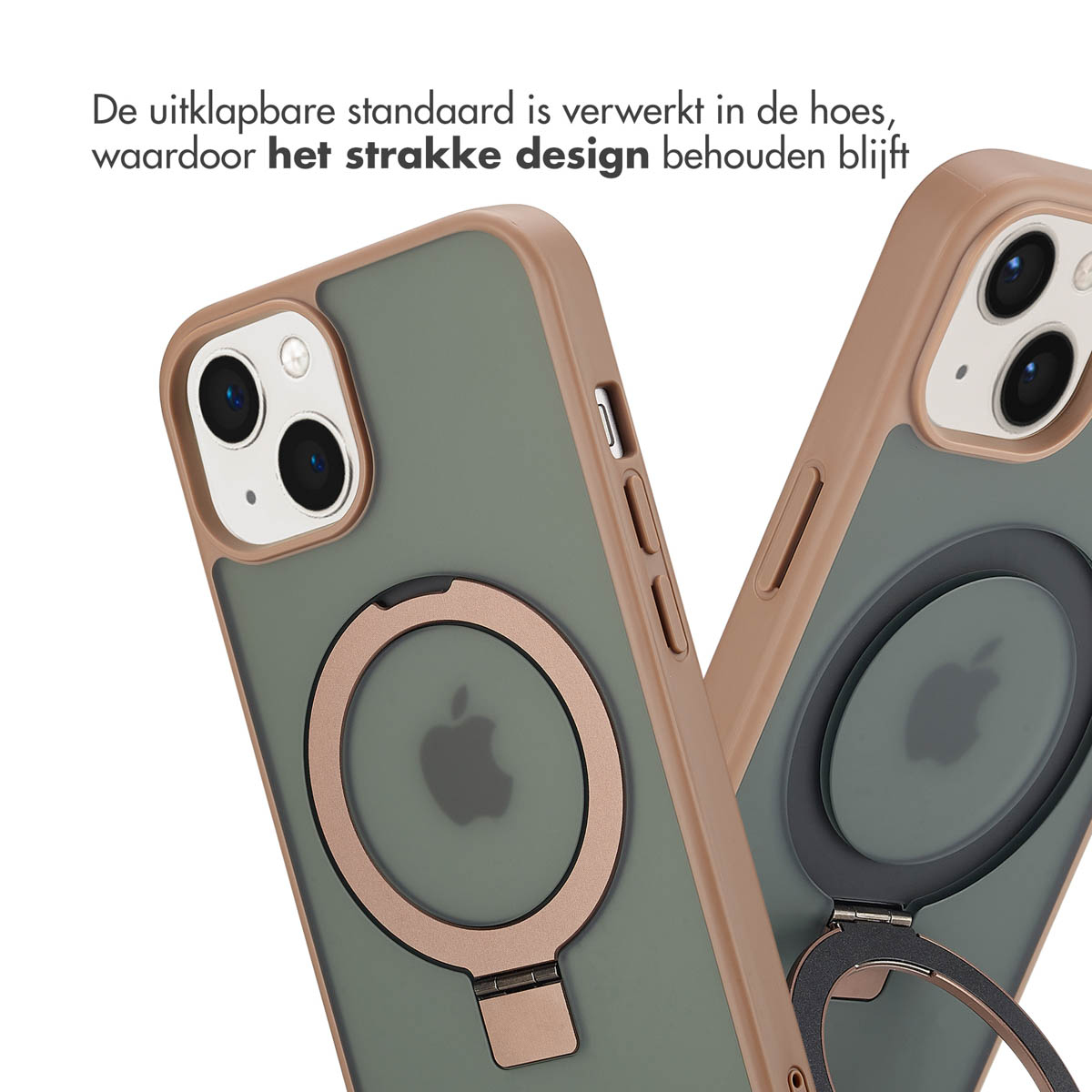 Zwei iPhone-Hüllen mit Ringhaltern, eine grün, eine braun, mit sichtbarem Apple-Logo.