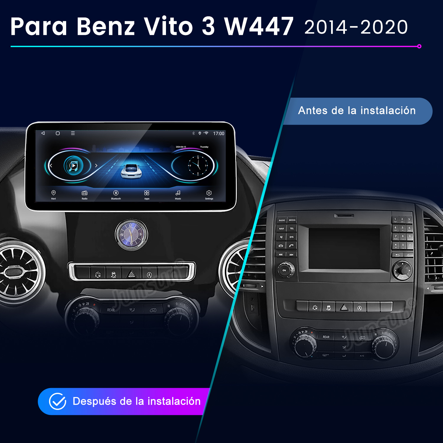 Panel de coche antes y después de instalar una nueva pantalla.