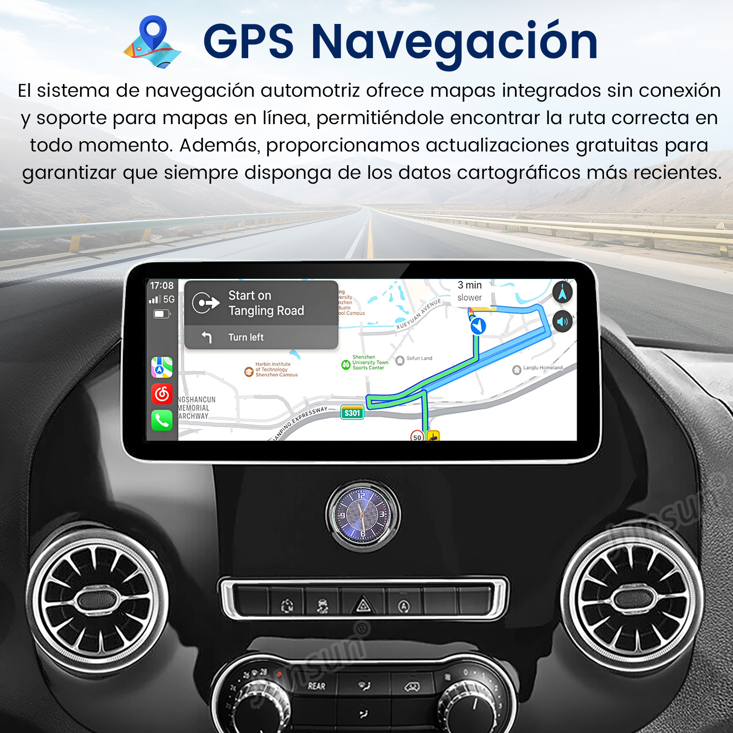 Panel de coche con navegación GPS en la pantalla.
