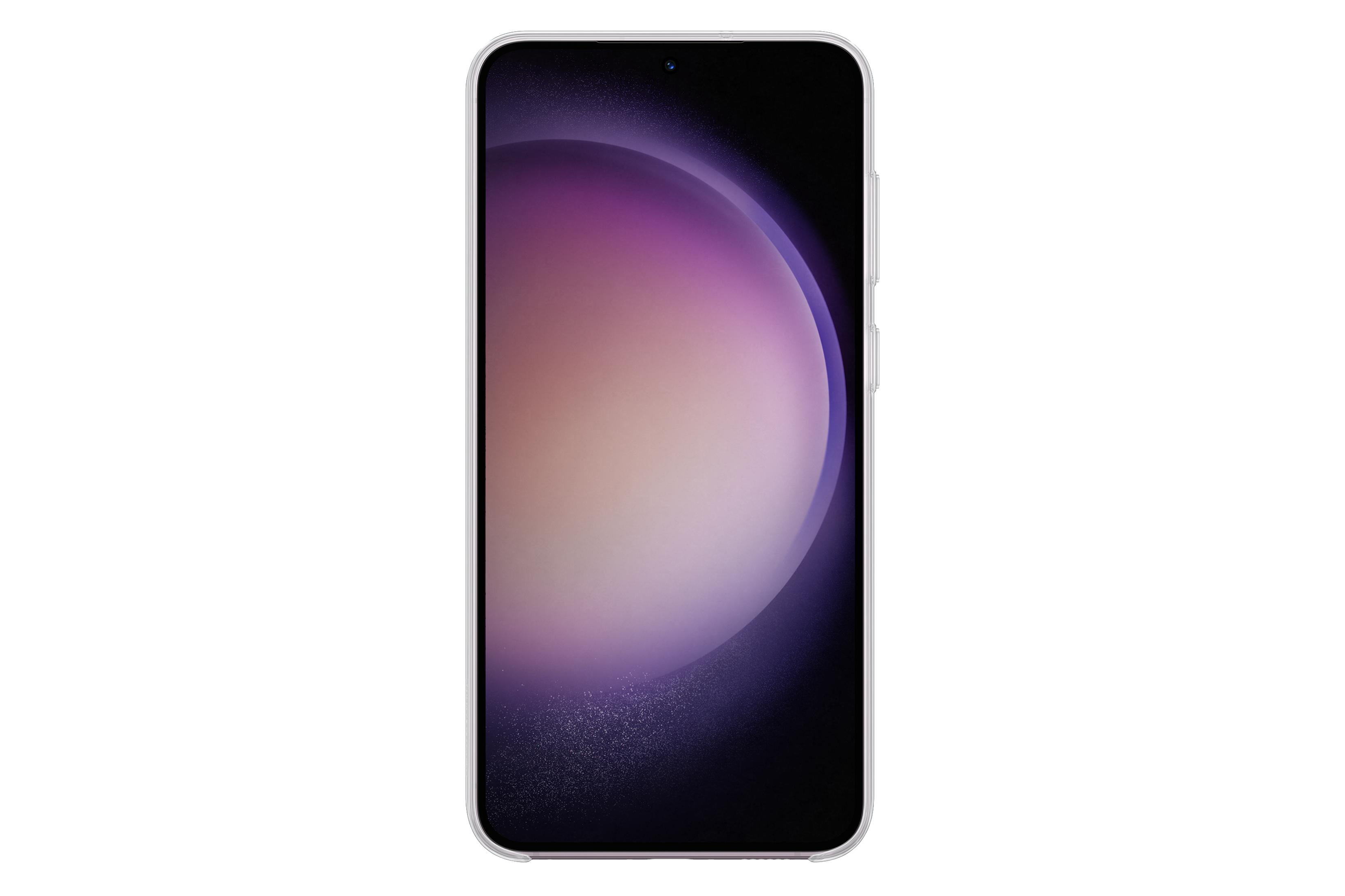 Smartfon z żywym ekranem, wyświetlający gradient fioletu i bieli.