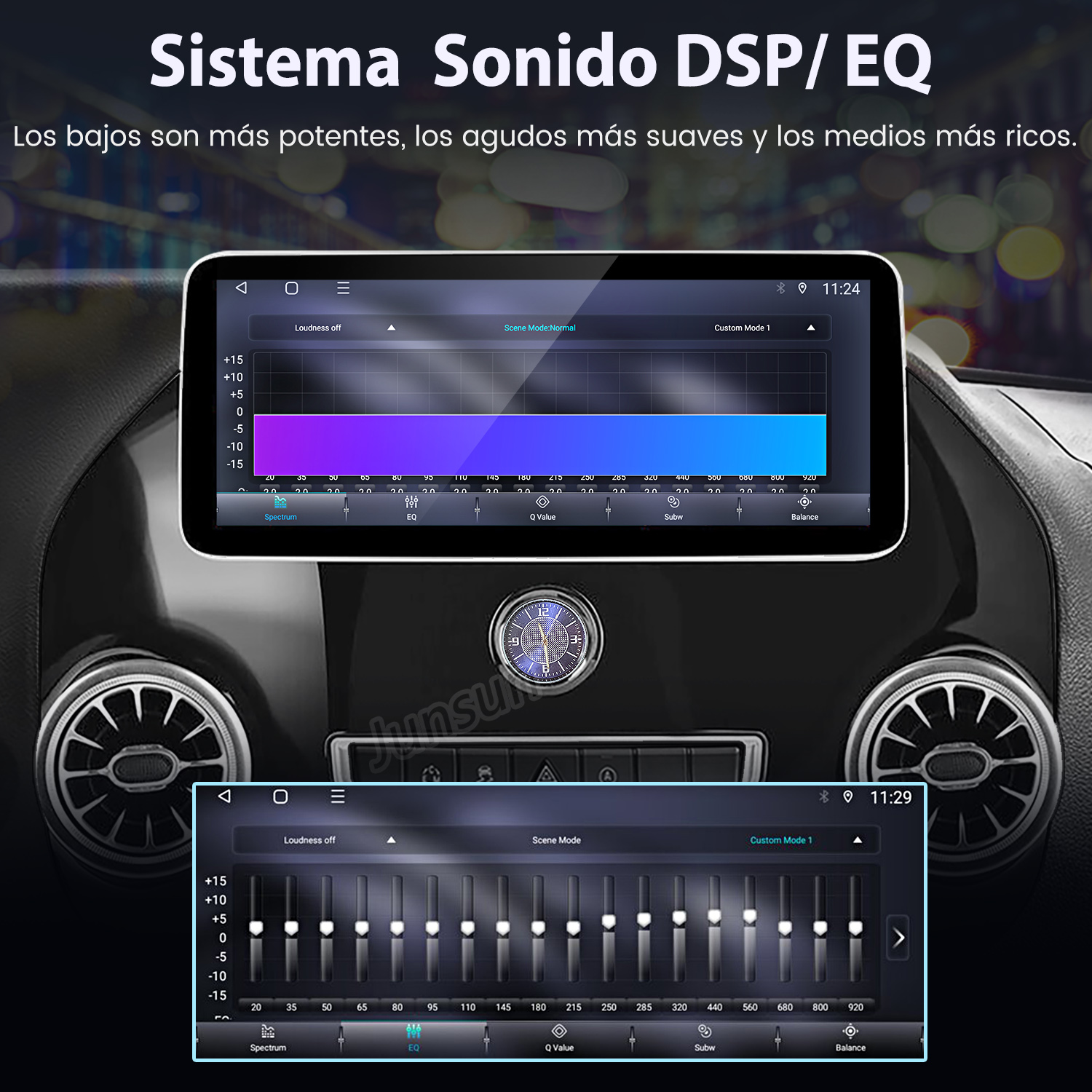 Panel de coche con pantalla mostrando ajustes de sonido. Vistas EQ y espectro.