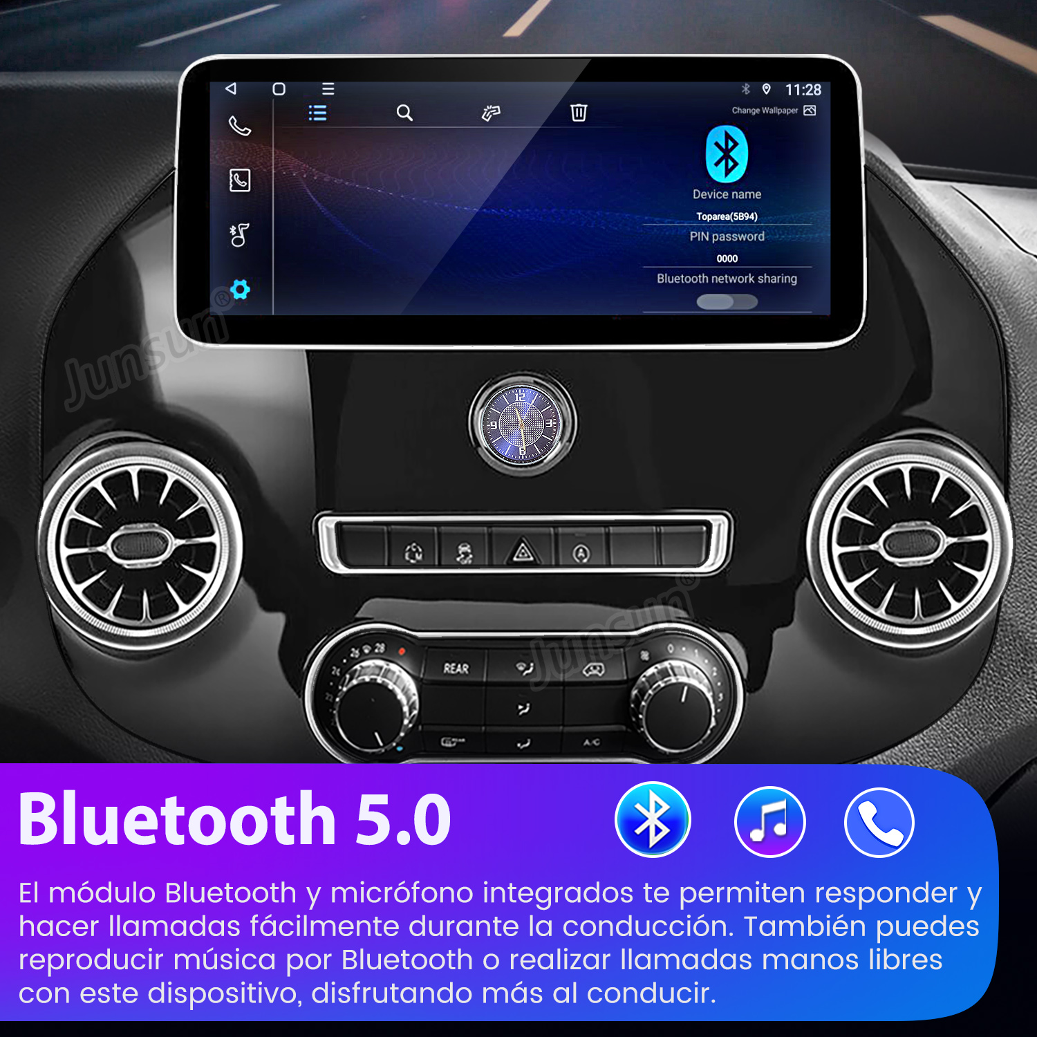 Panel de coche con pantalla mostrando información. Debajo, controles. Bluetooth 5.0 e iconos en la base.