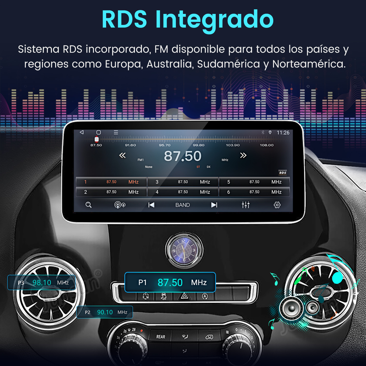 Panel de instrumentos de coche con pantalla mostrando información de radio y barras de ecualizador.