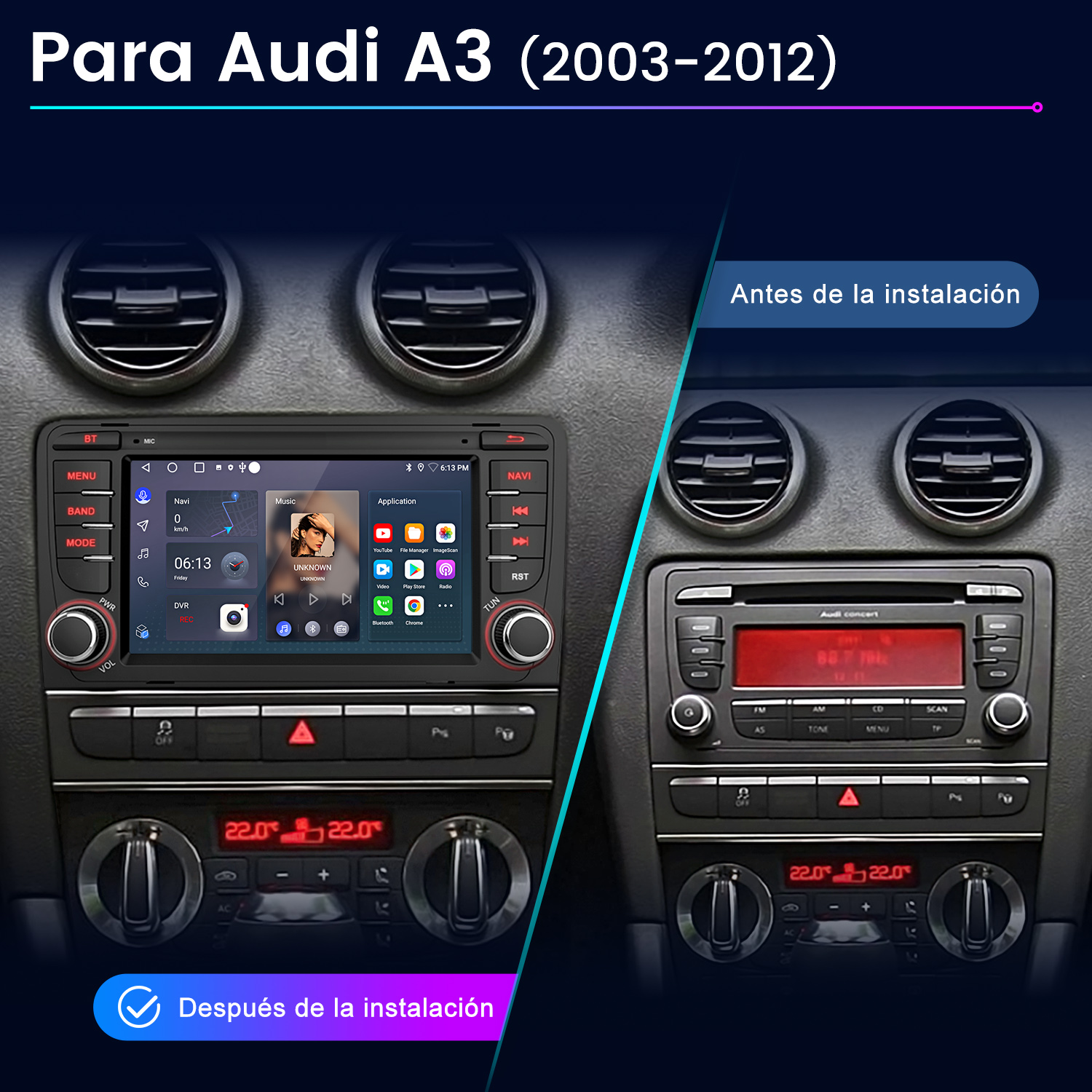 Salpicadero del coche antes y después de la instalación de una nueva radio con pantalla. Salidas de aire a ambos lados.