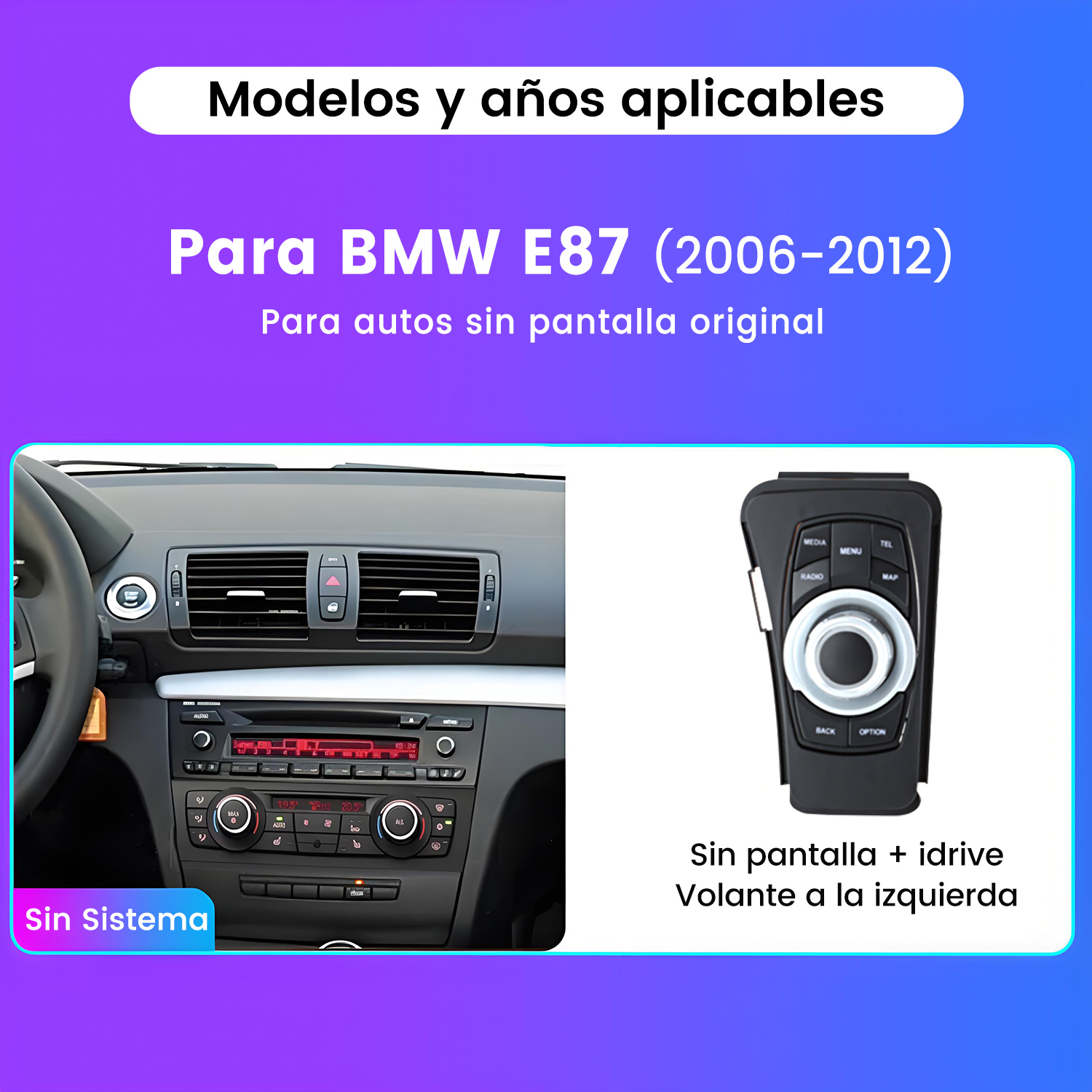 Un salpicadero interior de coche con pantalla y texto 'Modelos y años aplicables'.