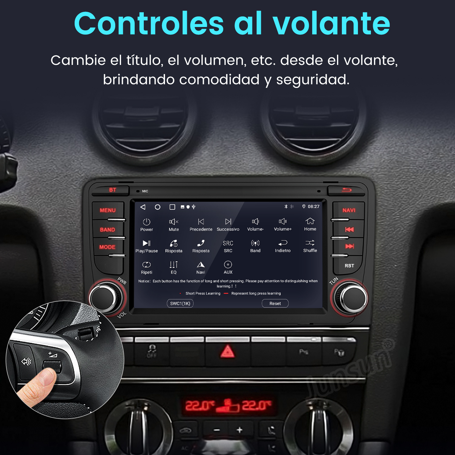 Radio de coche con pantalla táctil y botones. Mostrando opciones de menú. Interior.