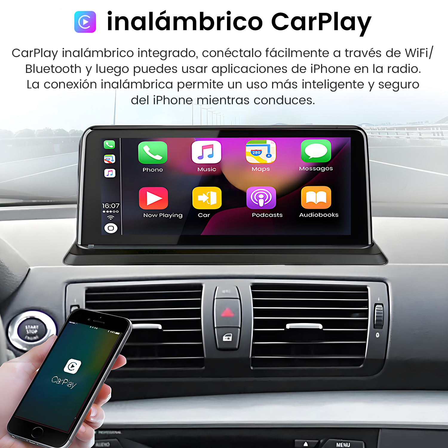 Pantalla de coche que muestra una interfaz telefónica. Un teléfono está en la mano del conductor.