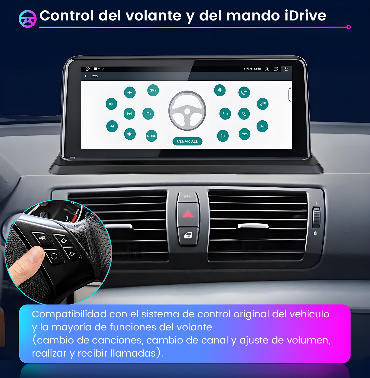 Salpicadero de coche con pantalla que muestra controles.
