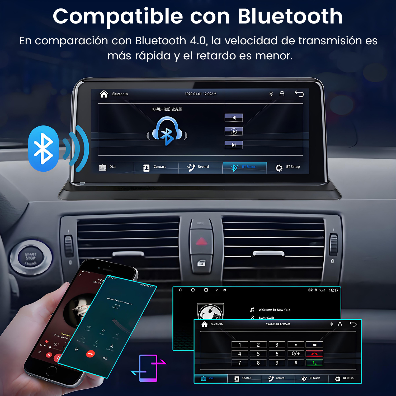 Panel de coche con pantalla Bluetooth, teléfono con música y otro con teclado numérico.