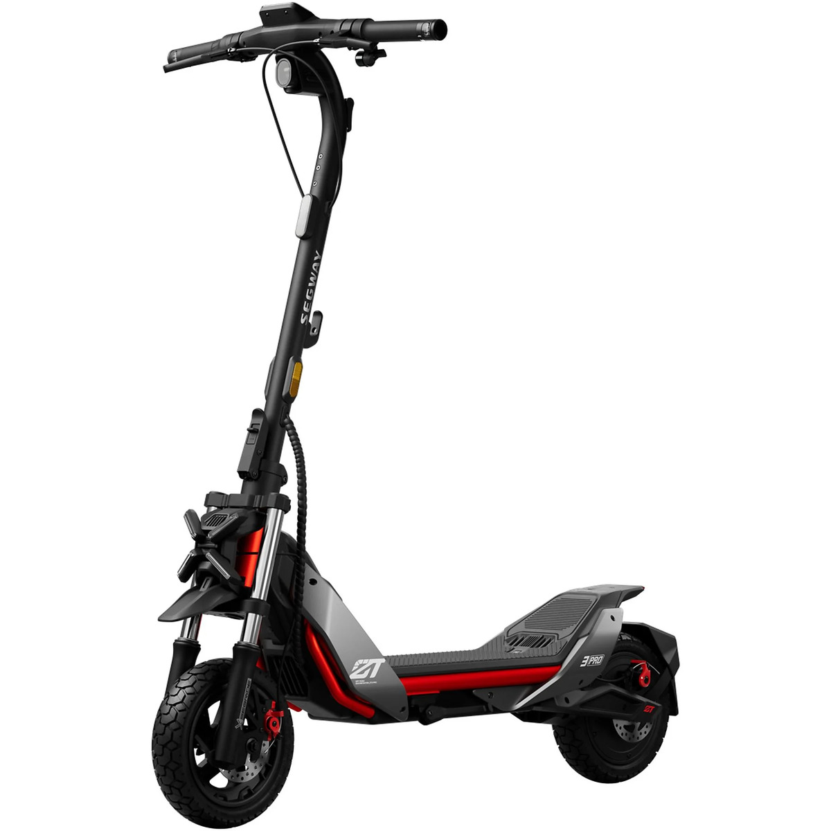 Patinete eléctrico Segway negro y gris con detalles rojos.