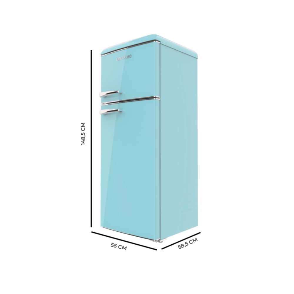 Refrigerador vintage azul claro con dimensiones de 148,5 cm de altura, 55 cm de ancho y 58,5 cm de profundidad.