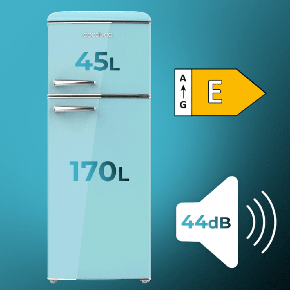 Un frigorífico azul claro con texto que indica la capacidad y la eficiencia energética.