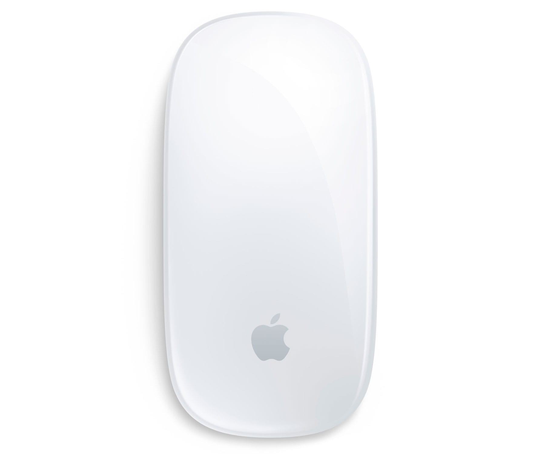 Vista dall'alto di un Magic Mouse Apple bianco. Logo Apple visibile, mouse lucido.