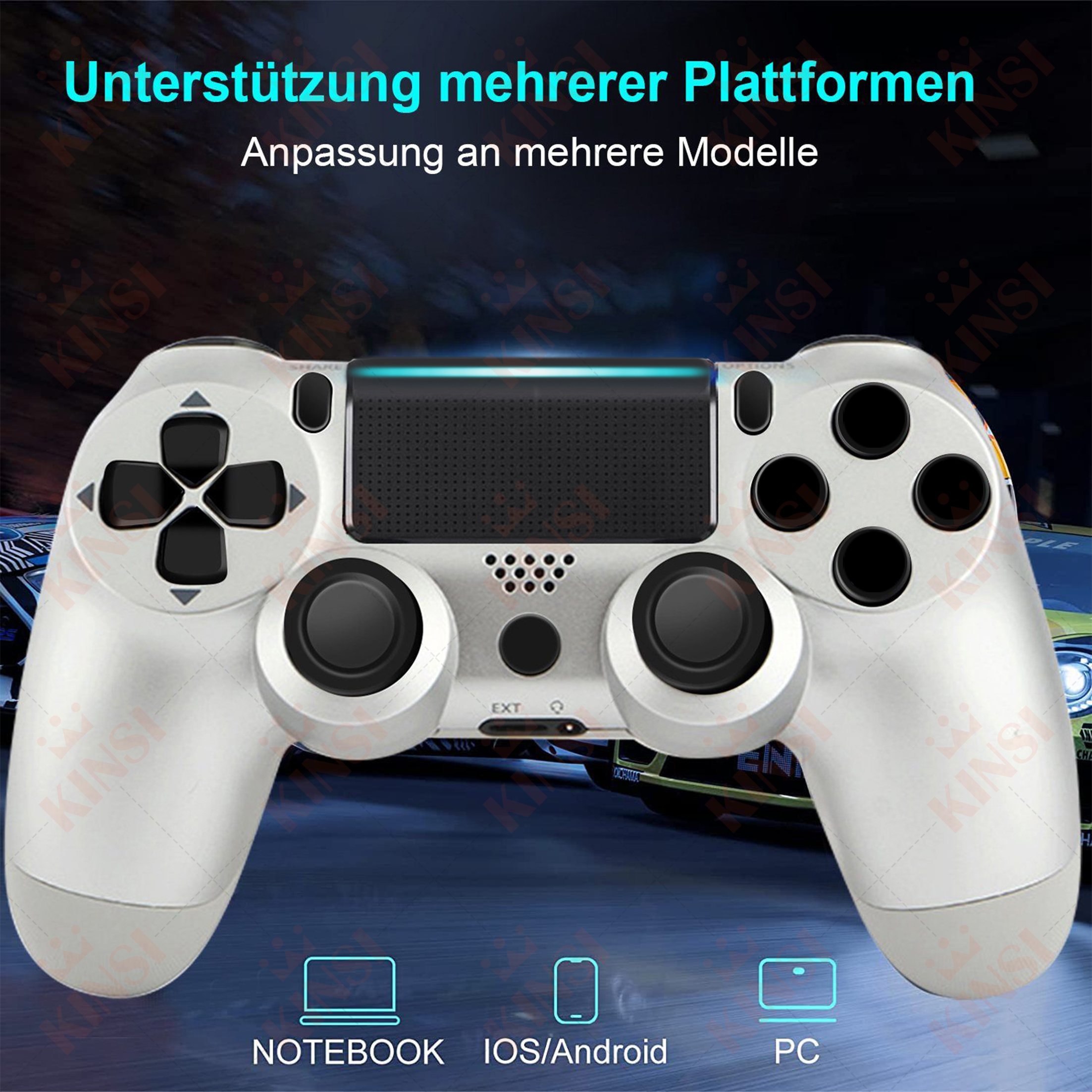 Weißer Playstation-Controller mit schwarzen Knöpfen. Das Bild zeigt den Controller mit blauem Hintergrund.
