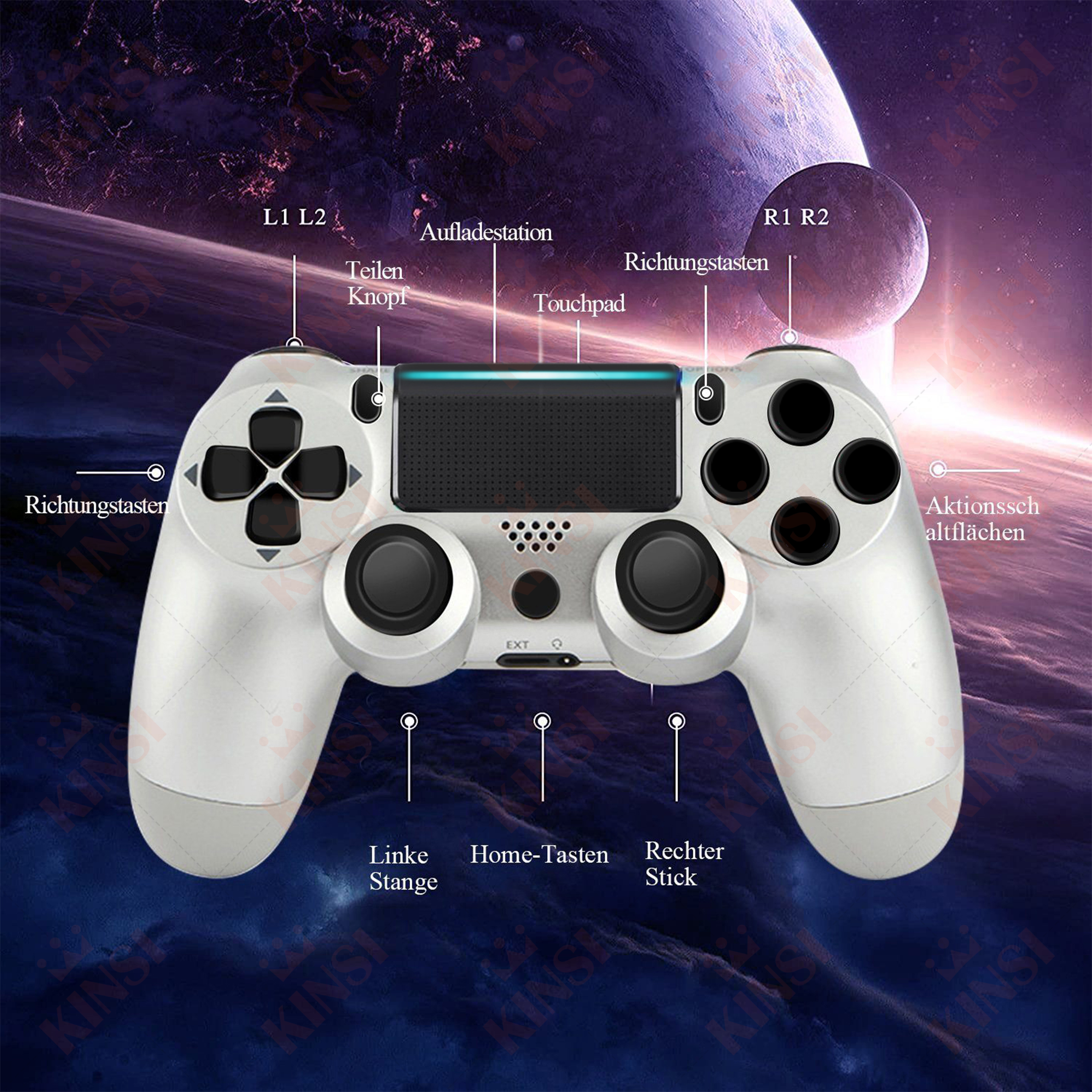 Weißer Gamecontroller mit Knöpfen und Steuerkreuz. Hintergrund: Weltraumszene mit Planeten.