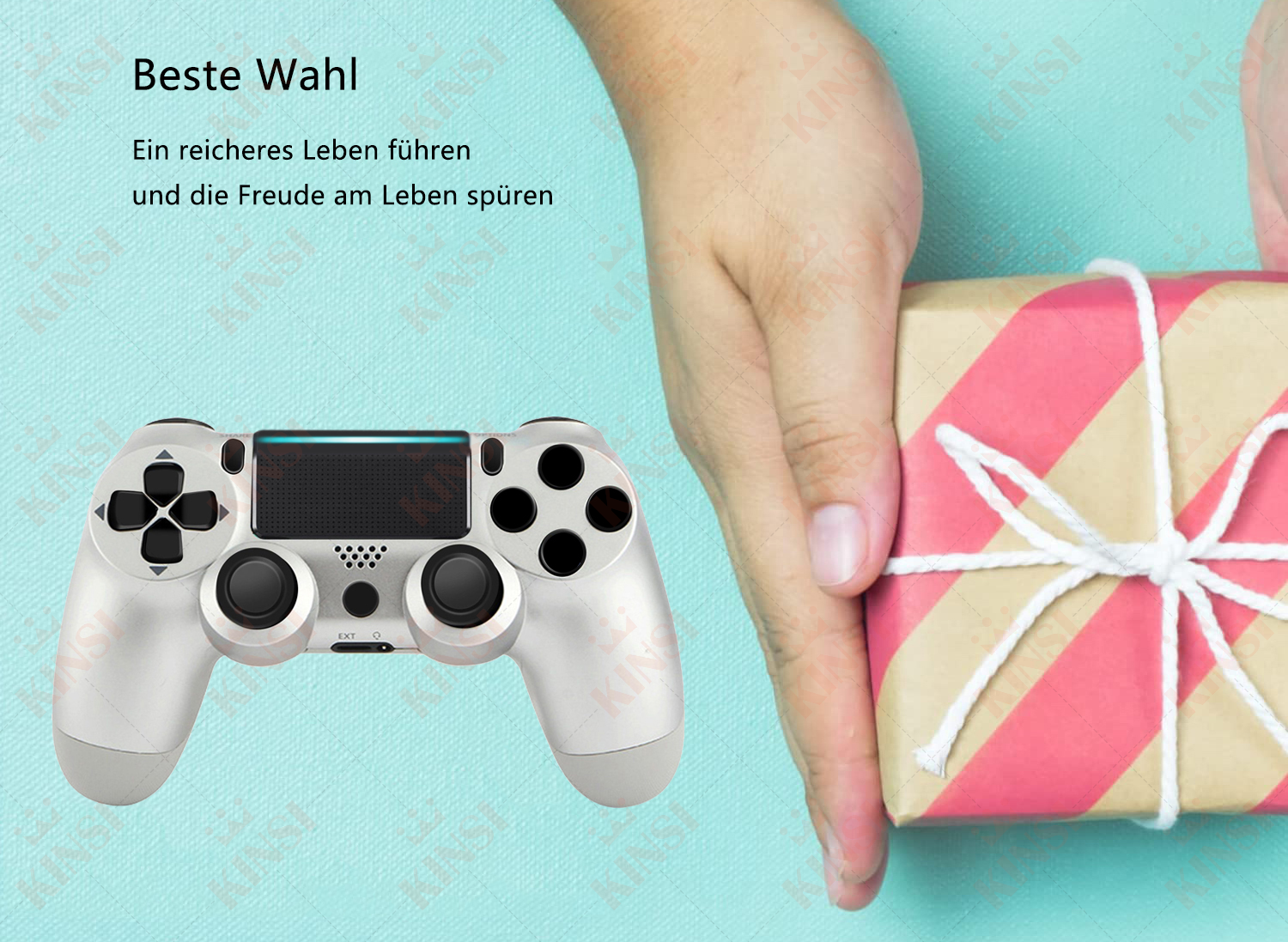 Hände halten ein verpacktes Geschenk neben einem weißen Gaming-Controller.