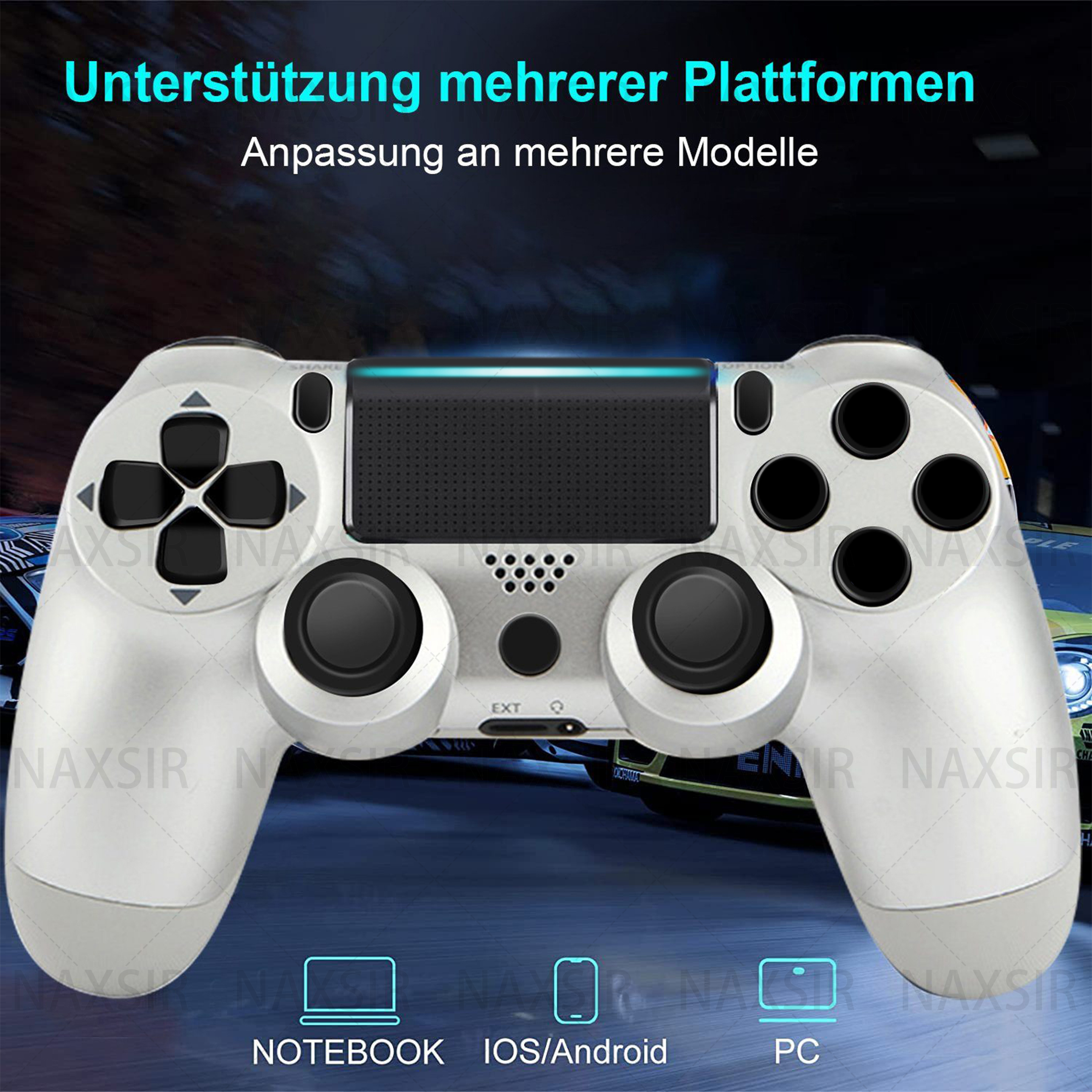 Weißer Gamecontroller mit schwarzen Knöpfen. Text oben beschreibt Multiplattform-Unterstützung.