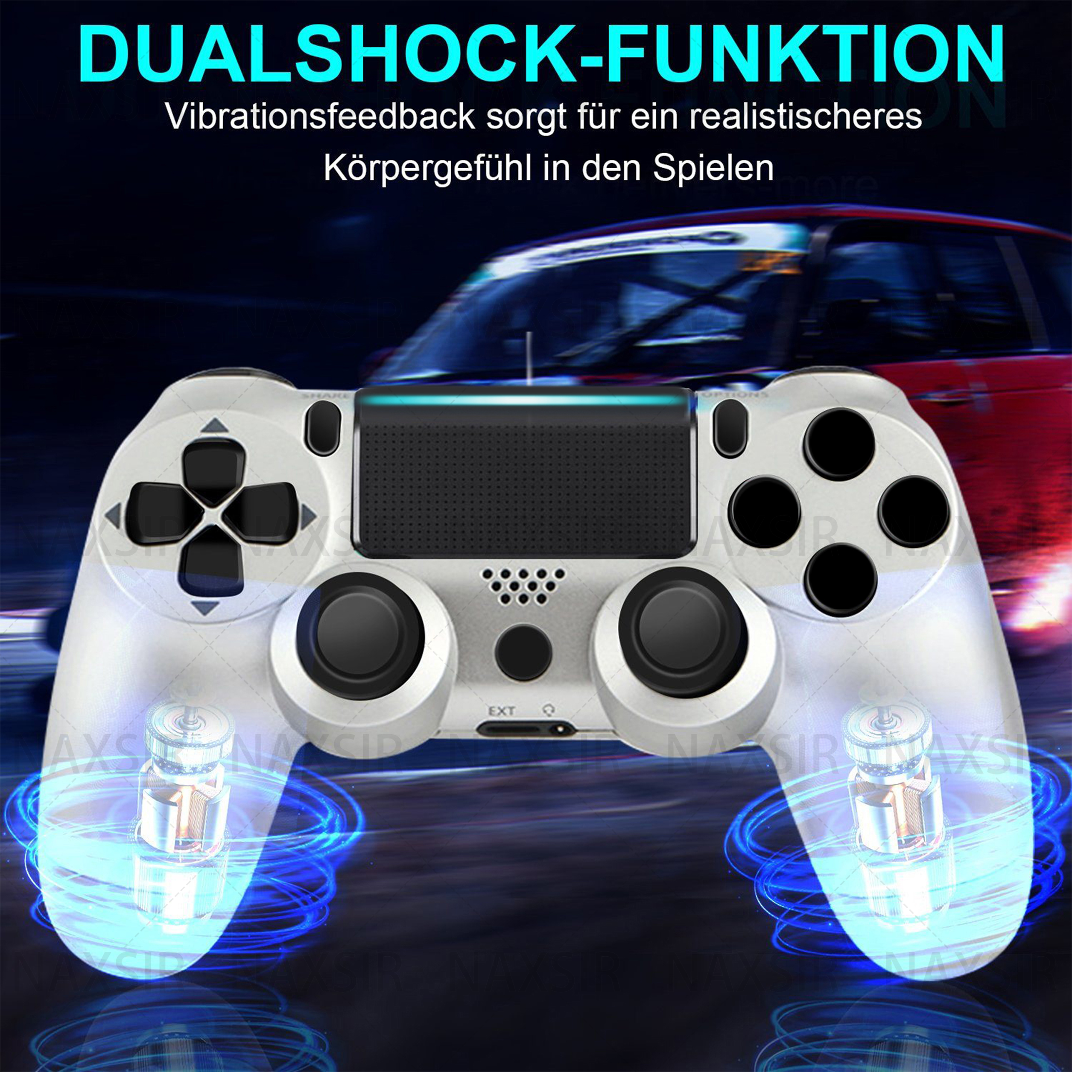 Weißer Gamecontroller mit schwarzen Tasten und blauen Lichtakzenten. Der Controller hat Dualshock-Funktion.