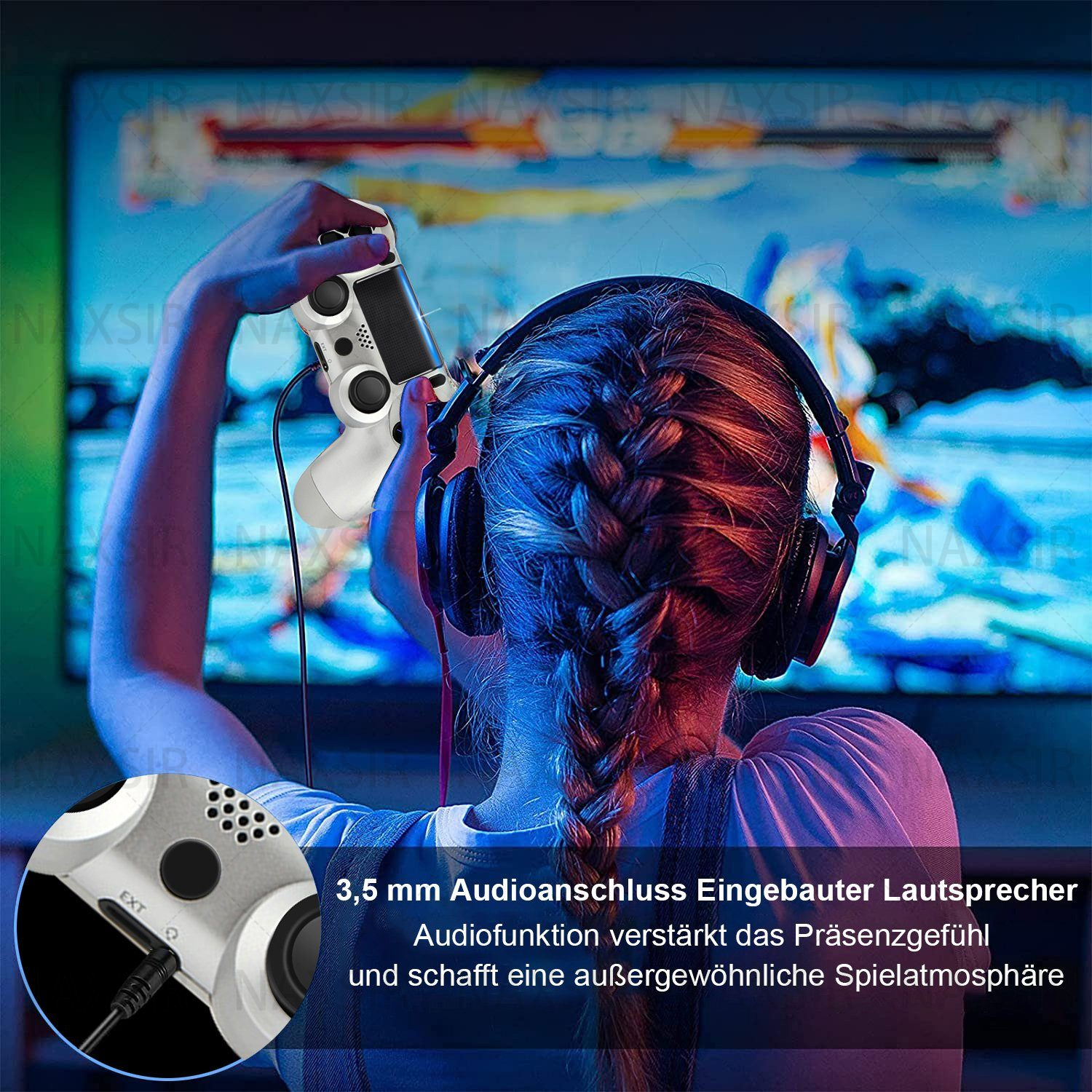 Eine Person mit Kopfhörern und Controller spielt ein Spiel.