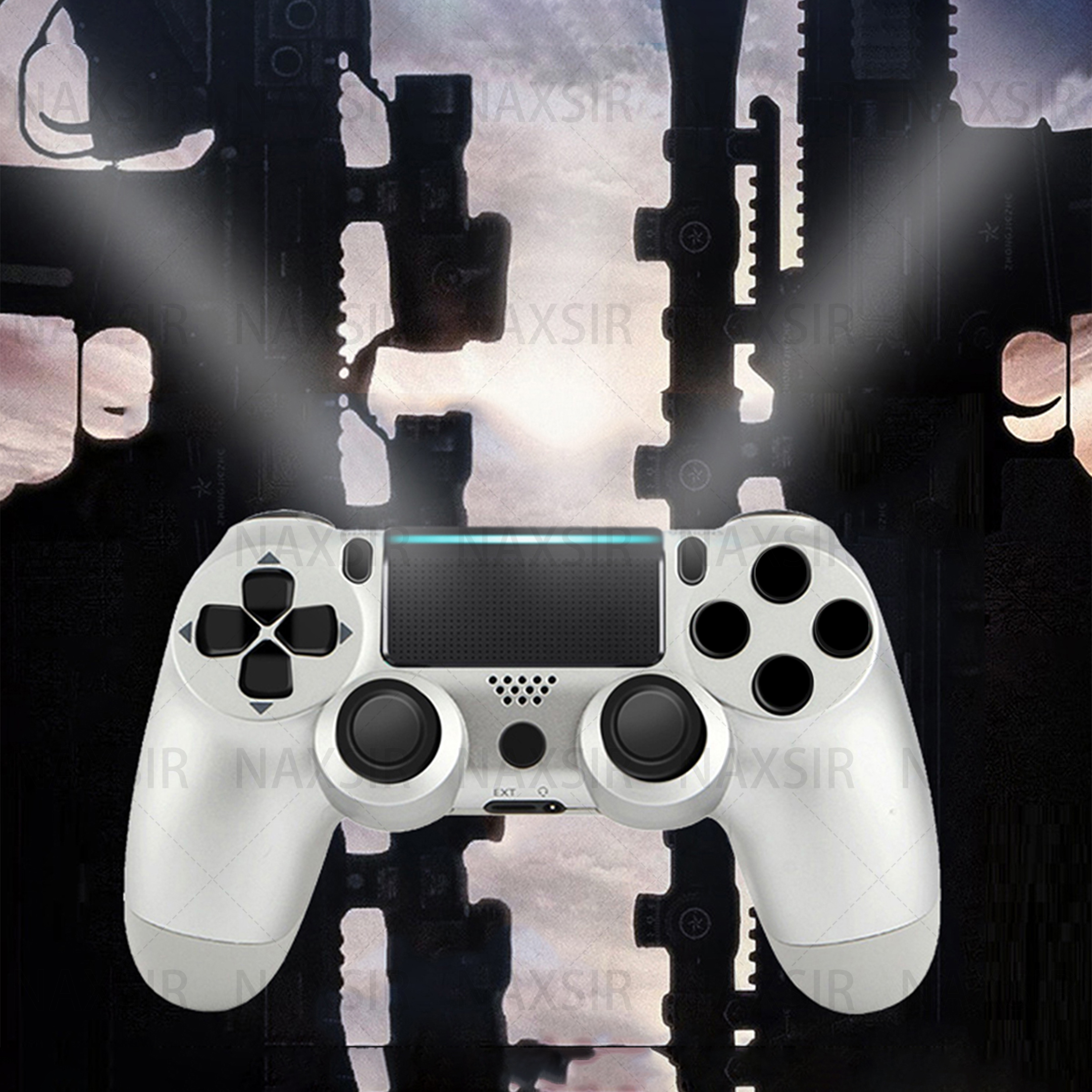 Weißer Gamecontroller mit schwarzen Knöpfen, beleuchtet. Dunkler Hintergrund mit Waffensilhouetten.