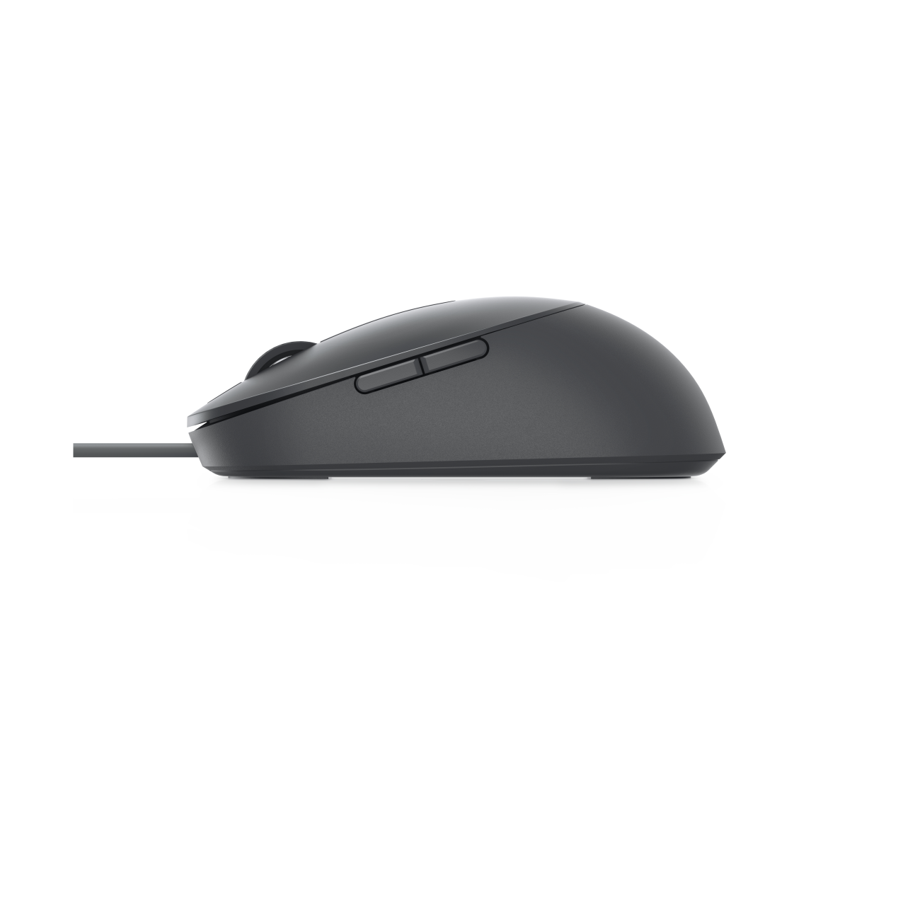 Ratón negro con cable, vista lateral, sobre blanco.