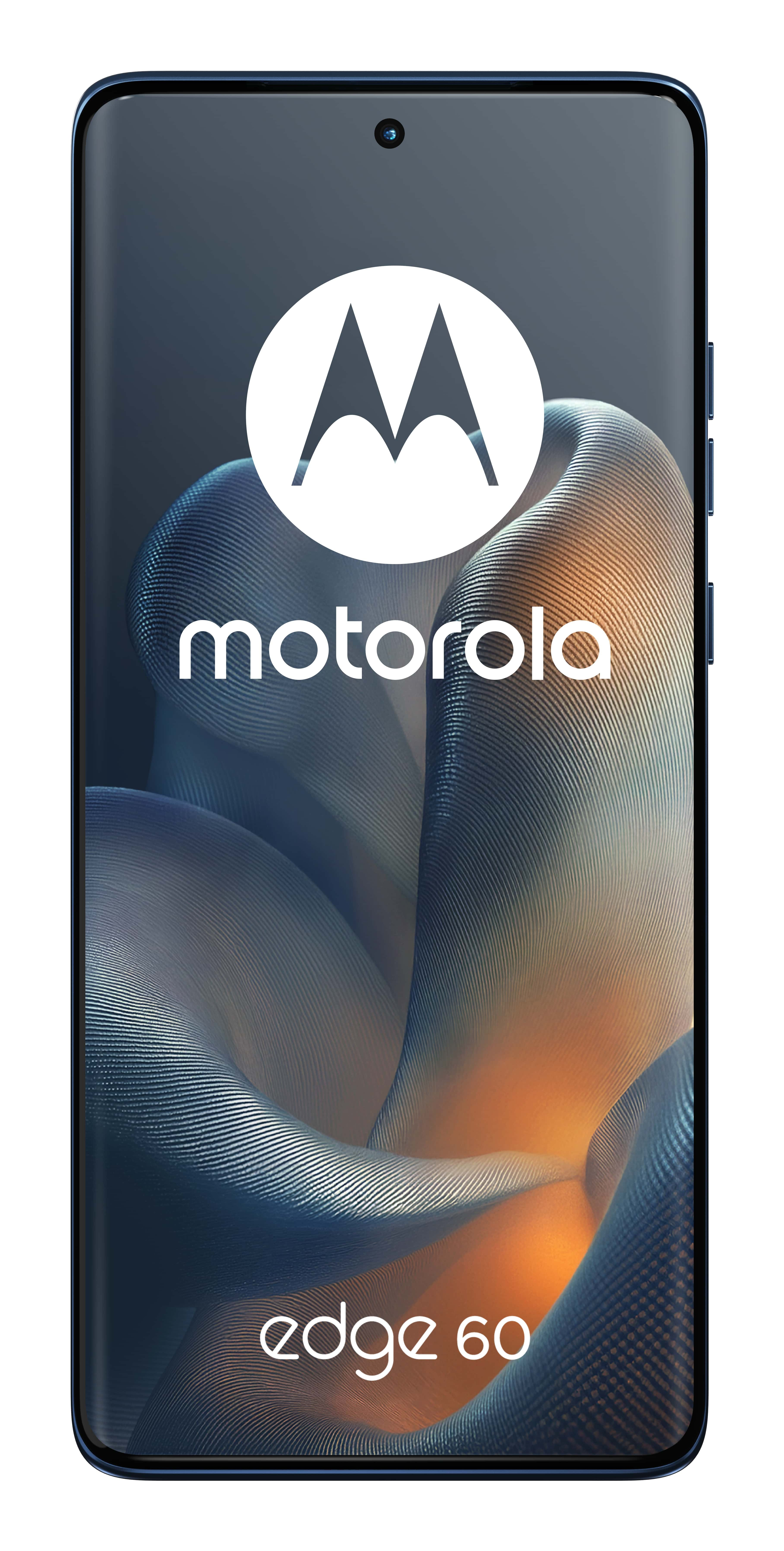 Telefon Motorola Edge 60 włączony, z logo Motorola i niebiesko-pomarańczowym tłem.