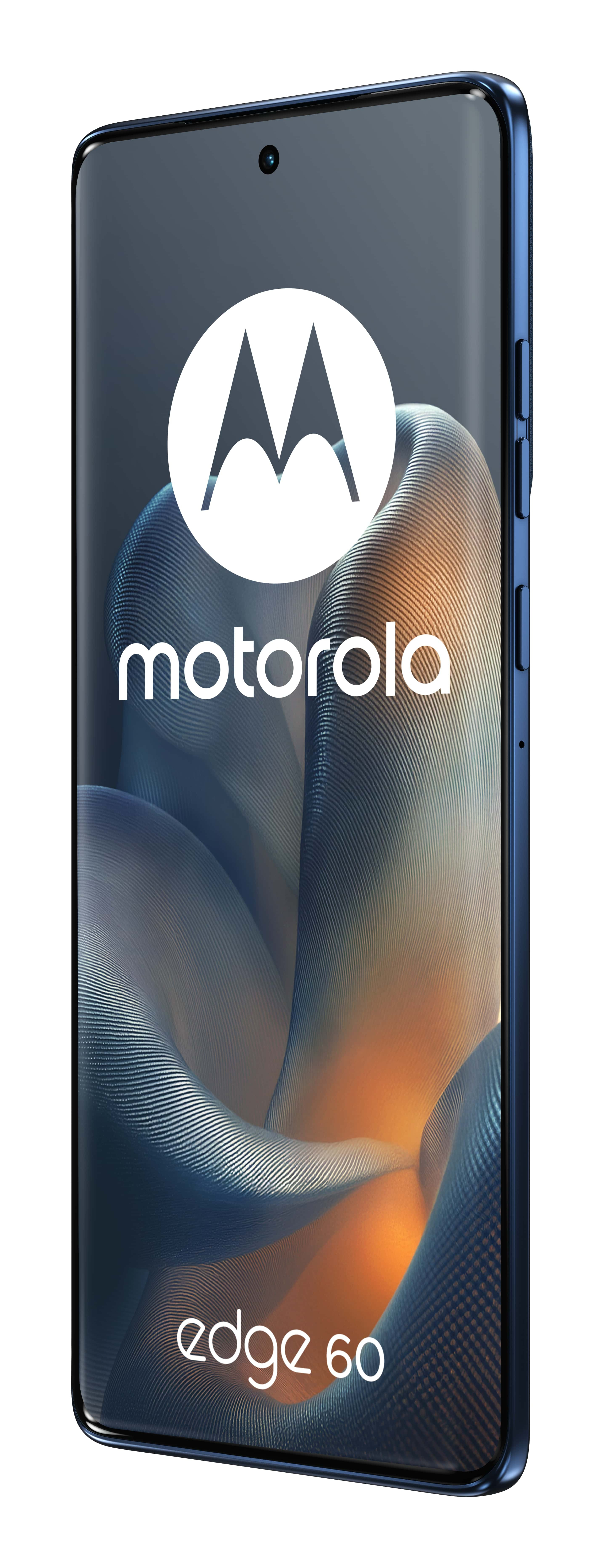 Telefon Motorola Edge 60 w niebieskiej ramce, wyświetlający logo i abstrakcyjne tło.