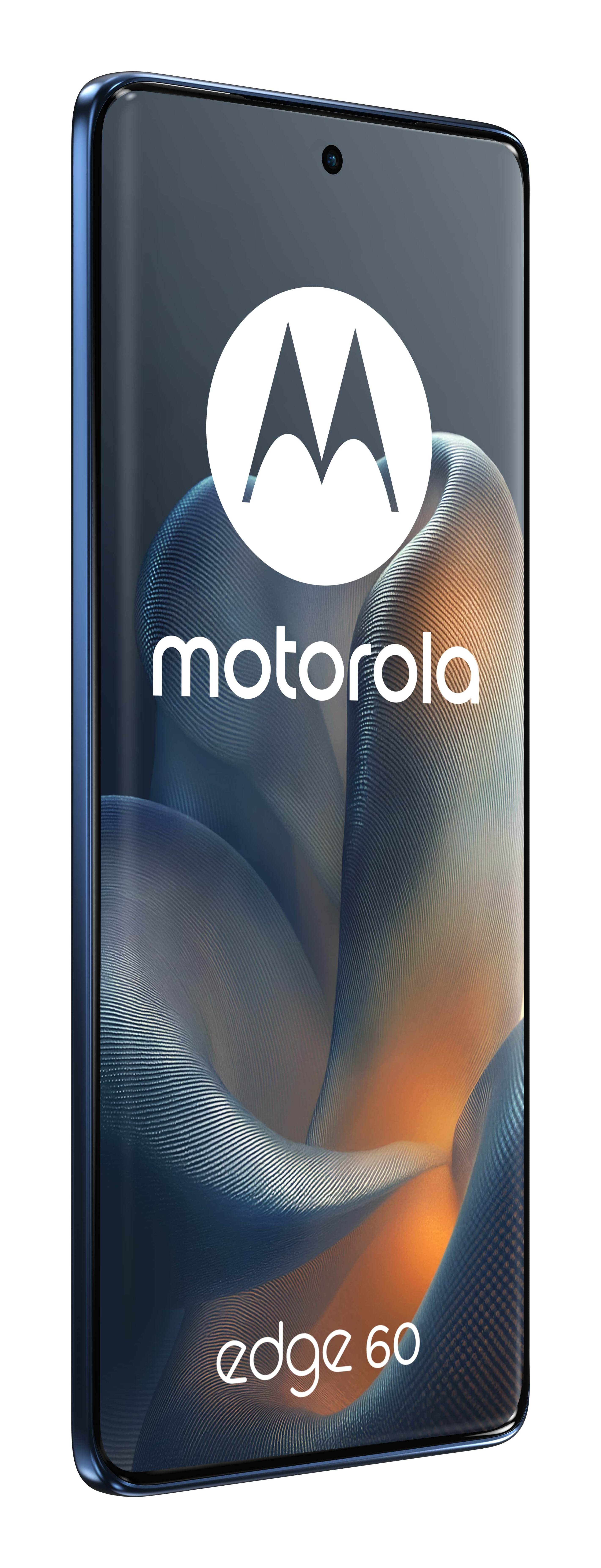 Niebieski telefon Motorola Edge 60 z ekranem pokazującym logo marki.