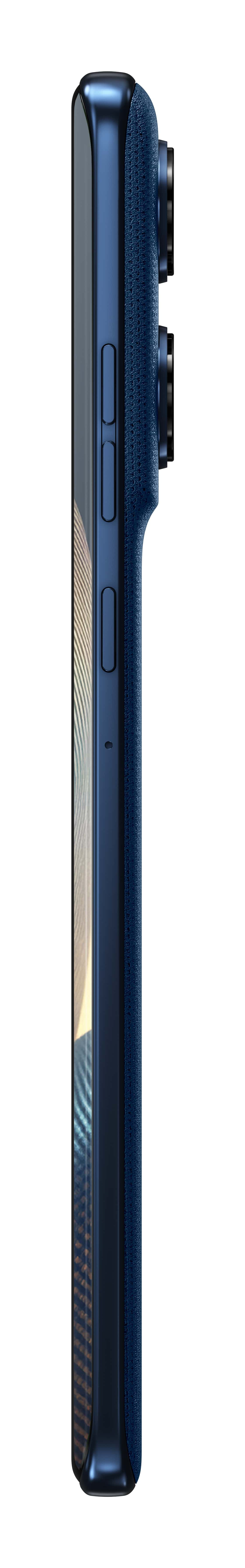 Widok z boku ciemnoniebieskiego smartfona z przyciskami i wypukłością kamery.