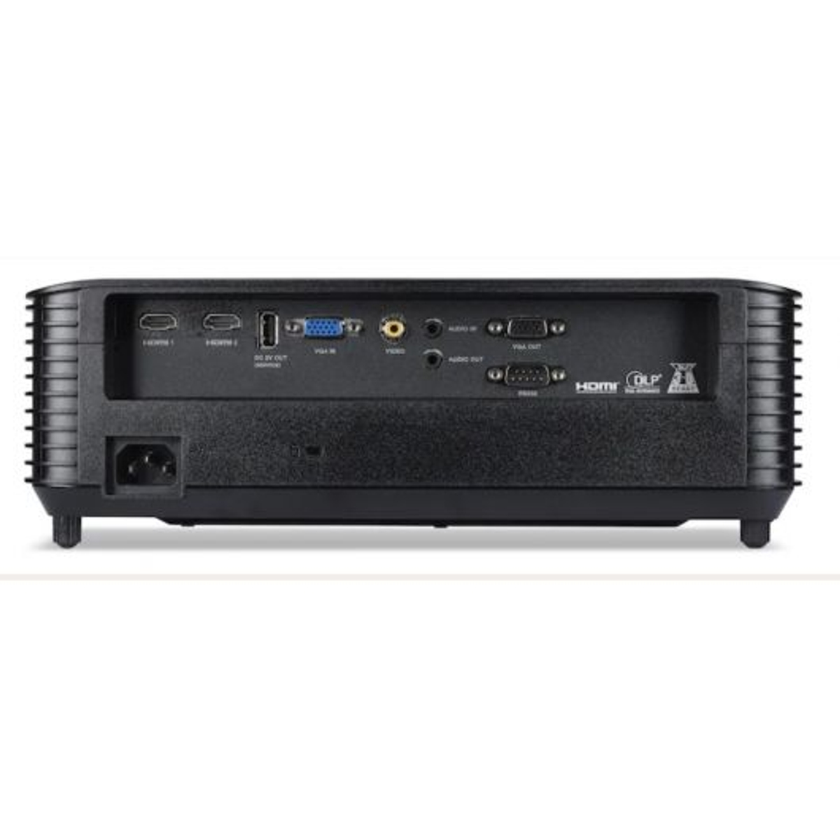 Schwarze Rückseite eines Projektors mit verschiedenen Anschlüssen, einschließlich HDMI, VGA und Audio.