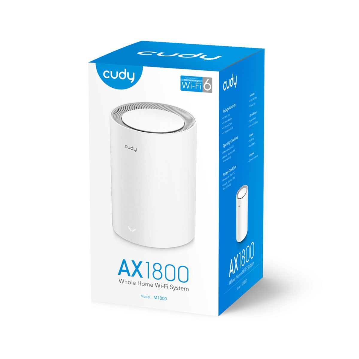 Białe pudełko z obrazem systemu Wi-Fi, oznaczone AX1800. Logo Cudy.
