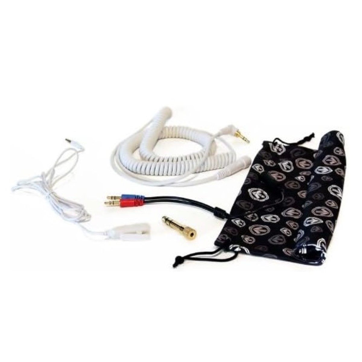 Kopfhörer und Zubehör: weiße und schwarze Kabel und ein kleiner Beutel.