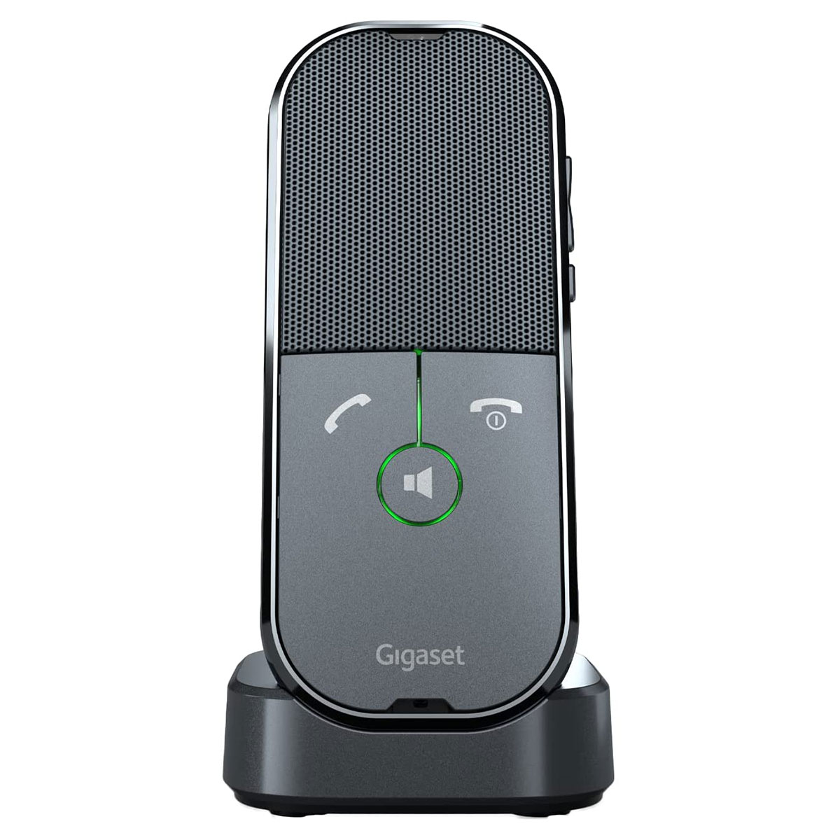 Une base de téléphone Gigaset grise et argentée avec écran, boutons et haut-parleur.