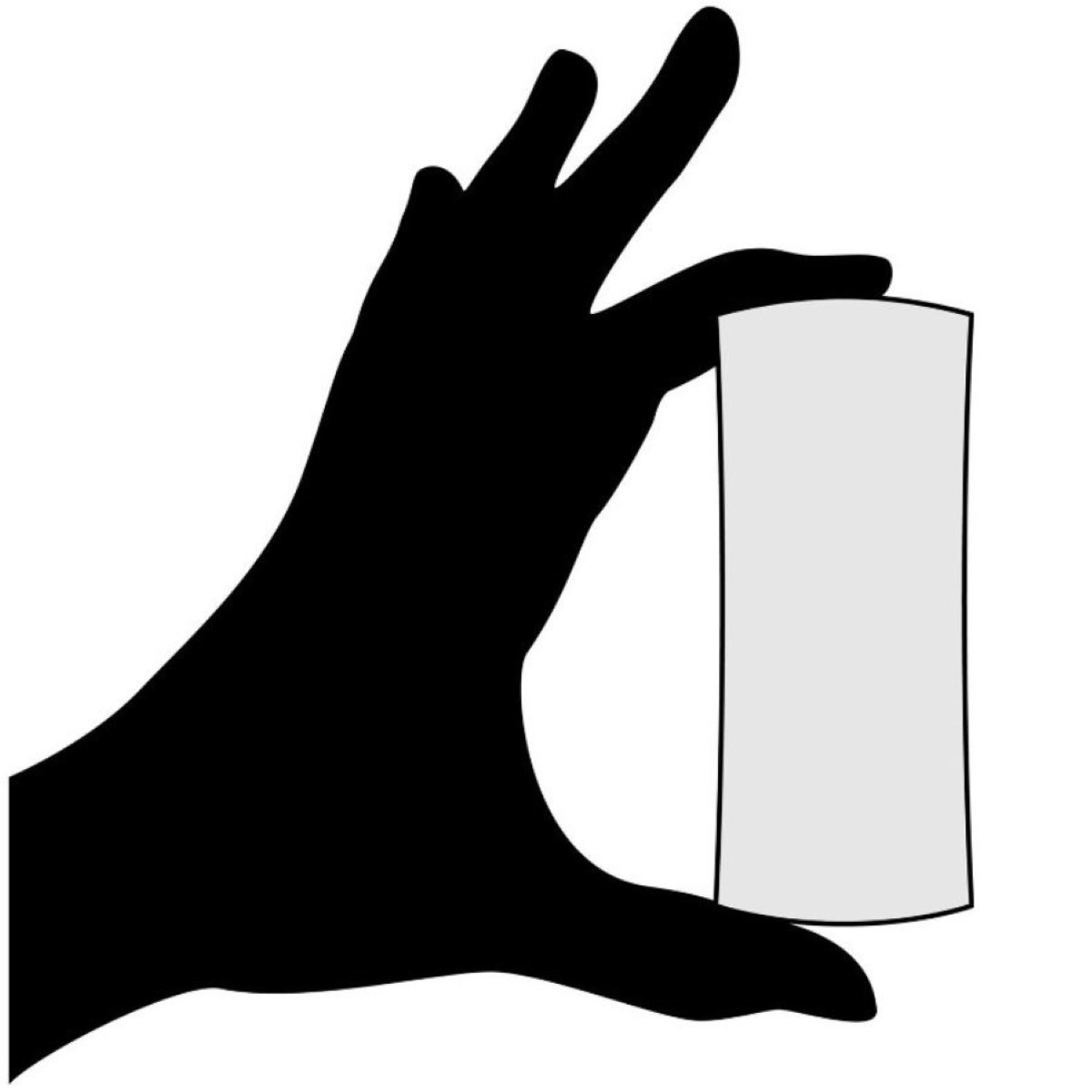 Schwarze Silhouette einer Hand, die ein hellgraues Rechteck hält.