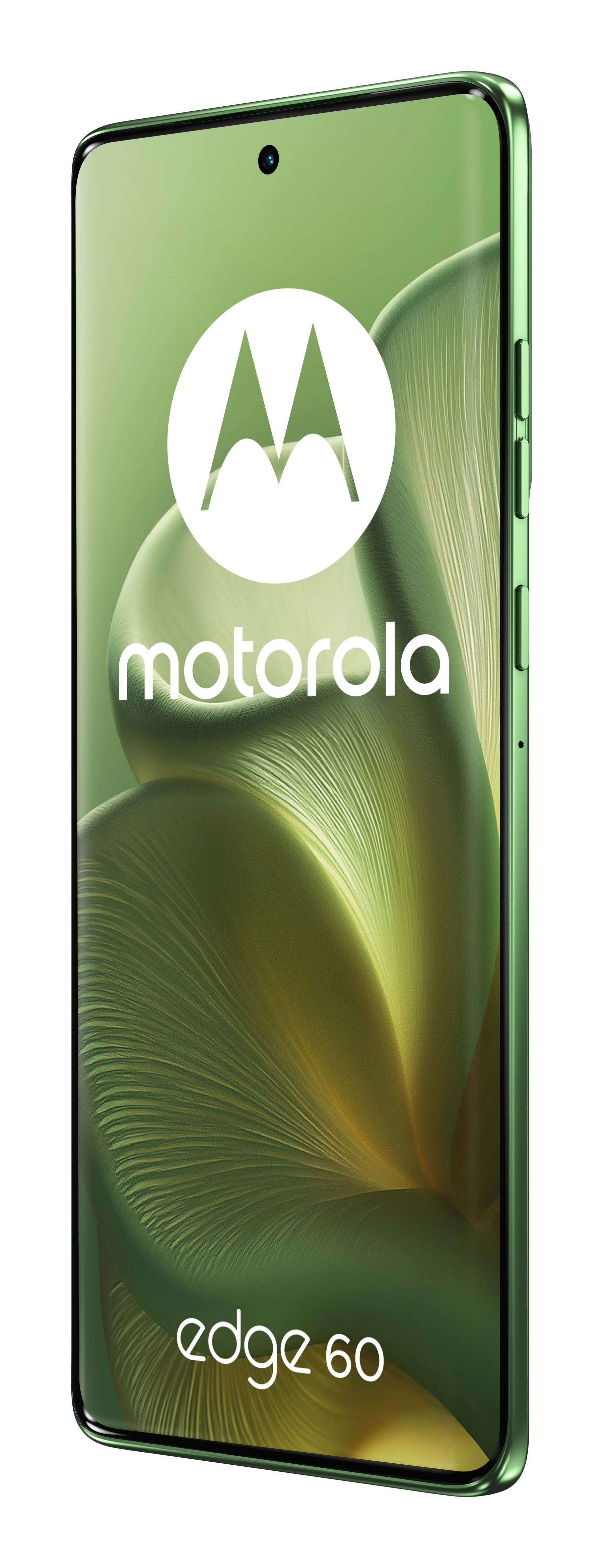 Telefon Motorola Edge 60 w zielonej ramce, wyświetlający logo i abstrakcyjne tło.