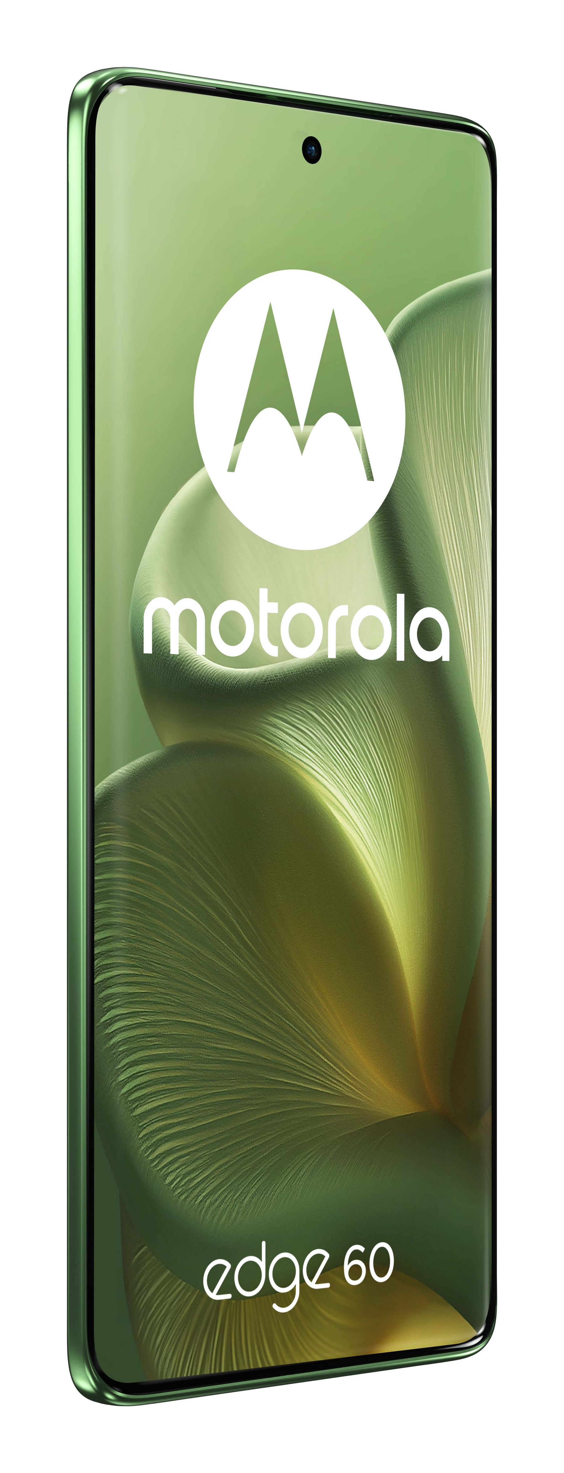 Zielony telefon Motorola Edge 60, pokazujący logo marki na zielonym wyświetlaczu.