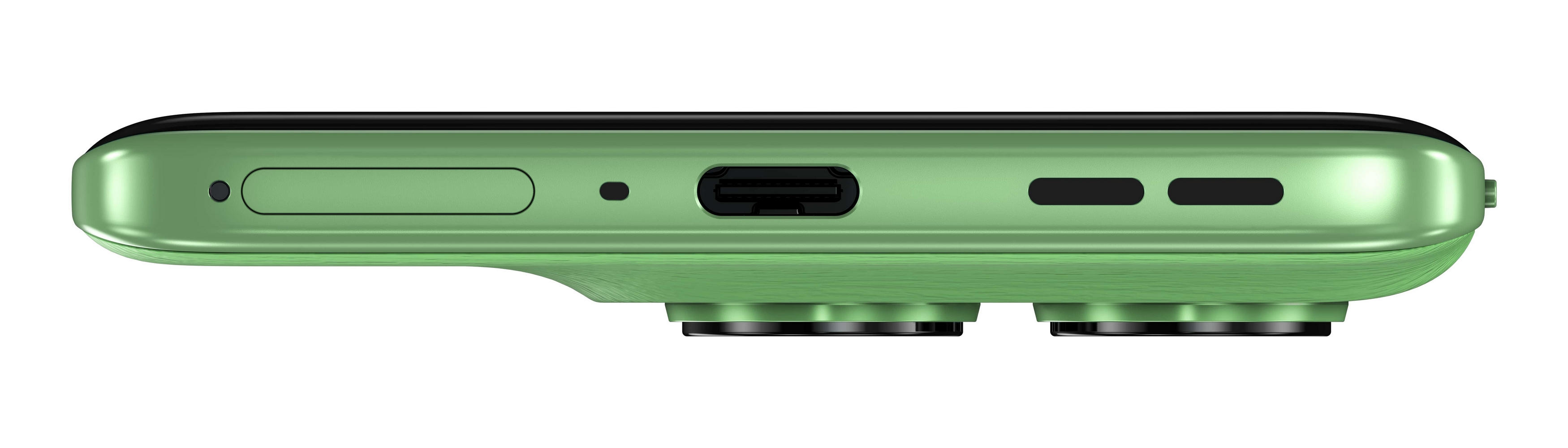 Zielony spód telefonu z portem i szczegółami aparatu.