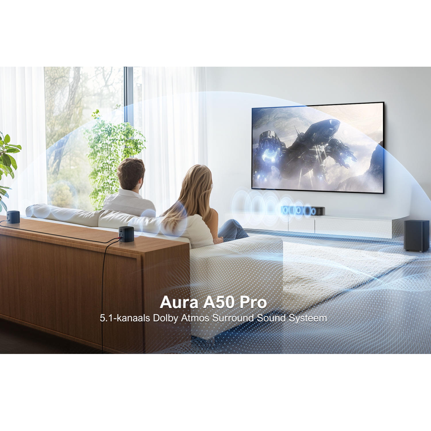 A couple sits on a couch looking at a TV. Sound waves emanate from a soundbar. Text: Aura A50 Pro, 5.1 channel Dolby Atmos.