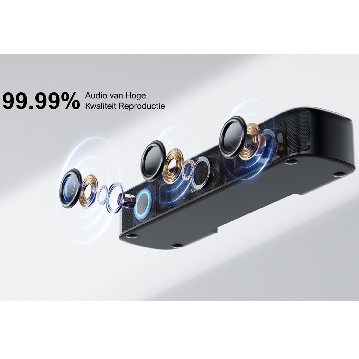 Speaker with internal components displayed, showing sound wave propagation. Text says: High Quality Reproduction.