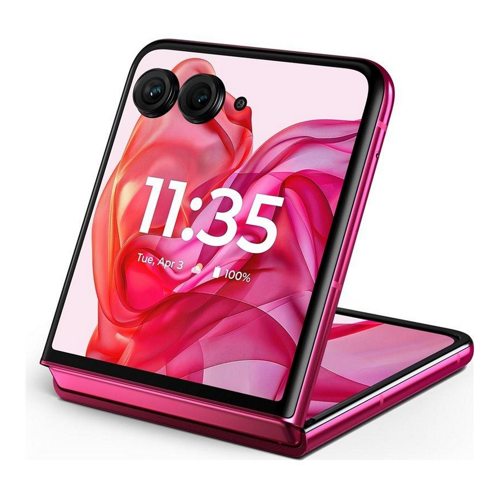 Smartphone pliable rose, ouvert, affichant l'heure et le pourcentage de batterie.