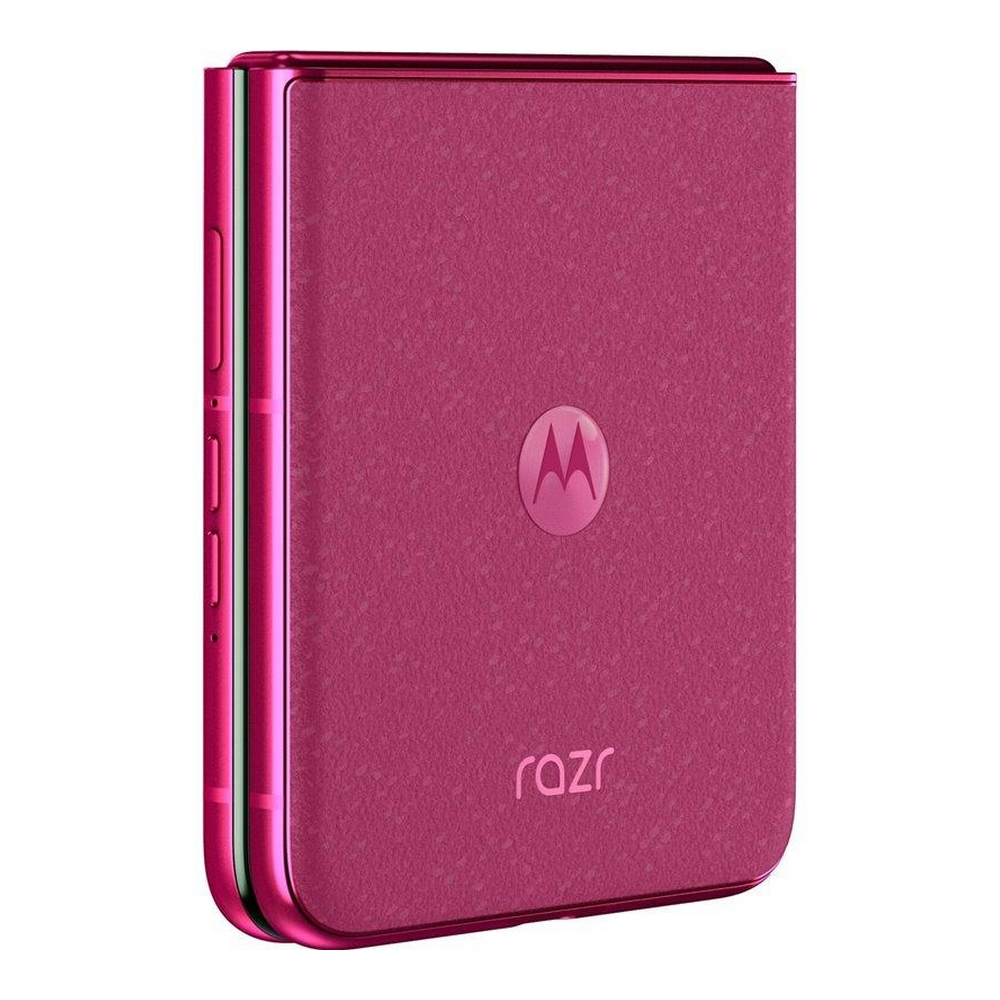 Téléphone Motorola Razr rose plié, montrant l'extérieur. Le logo Motorola est visible.