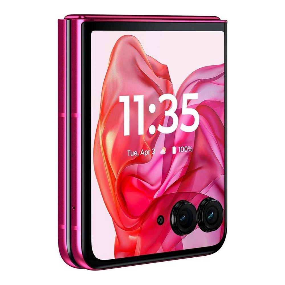 Téléphone pliable rose, ouvert. Affiche l'heure, la batterie et un fond rose abstrait.