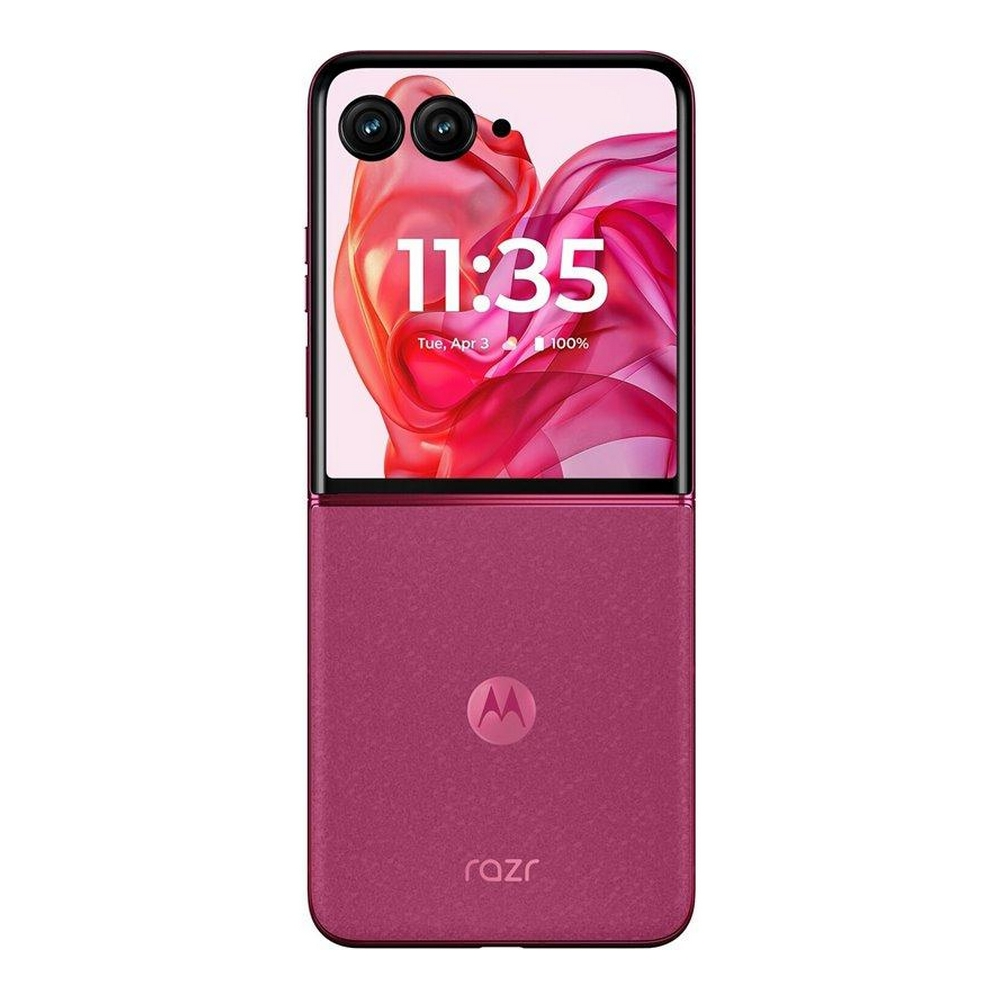 Téléphone Motorola Razr plié, avec un boîtier rouge et affichant l'heure.
